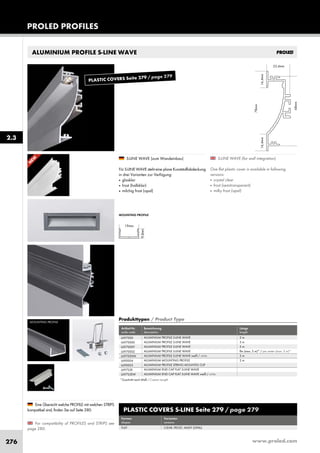 www.proled.com276
ALUMINIUM PROFILE S-LINE WAVE
PROLED PROFILES
MOUNTING PROFILE
S-LINE WAVE (for wall integration)
One flat plastic cover is available in following
versions:
■ crystal clear
■ frost (semitransparent)
■ milky frost (opal)
S-LINE WAVE (zum Wandeinbau)
Für S-LINE WAVE steht eine plane Kunststoffabdeckung
in drei Varianten zur Verfügung:
■ glasklar
■ frost (halbklar)
■ milchig frost (opal)
For compatibility of PROFILES and STRIPS see
page 280.
Eine Übersicht welche PROFILE mit welchen STRIPS
kompatibel sind, finden Sie auf Seite 280.
MOUNTING PROFILE
2.3
PLASTIC COVERS S-LINE Seite 279 / page 279
Formen Varianten
shapes versions
FLAT CLEAR, FROST, MILKY (OPAL)
Produkttypen / Product Type
Artikel-Nr. Bezeichnung Länge
order code description length
ALUMINIUM PROFILE S-LINE WAVE 2 m
ALUMINIUM PROFILE S-LINE WAVE 3 m
ALUMINIUM PROFILE S-LINE WAVE 5 m
ALUMINIUM PROFILE S-LINE WAVE lfm (max. 5 m)* / per meter (max. 5 m)*
ALUMINIUM PROFILE S-LINE WAVE weiß / white 2 m
ALUMINIUM MOUNTING PROFILE 2 m
ALUMINIUM PROFILE SPRING MOUNTIG CLIP
ALUMINIUM END CAP FLAT S-LINE WAVE
ALUMINIUM END CAP FLAT S-LINE WAVE weiß / white
L697000
L697000X
L697000Y
L697000Z
L697000W
L690004
L690003
L697S3E
L697S3EW
*Zuschnitt nach Maß / Custom Length
N
EW
PLASTIC COVERS Seite 279 / page 279
 