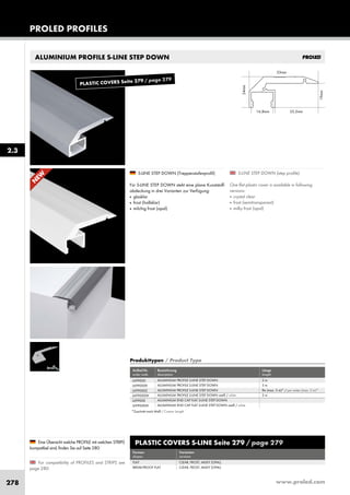 www.proled.com278
PROLED PROFILES
ALUMINIUM PROFILE S-LINE STEP DOWN
S-LINE STEP DOWN (step profile)
One flat plastic cover is available in following
versions:
■ crystal clear
■ frost (semitransparent)
■ milky frost (opal)
S-LINE STEP DOWN (Treppenstufenprofil)
Für S-LINE STEP DOWN steht eine plane Kunststoff-
abdeckung in drei Varianten zur Verfügung:
■ glasklar
■ frost (halbklar)
■ milchig frost (opal)
For compatibility of PROFILES and STRIPS see
page 280.
Eine Übersicht welche PROFILE mit welchen STRIPS
kompatibel sind, finden Sie auf Seite 280.
2.3
PLASTIC COVERS S-LINE Seite 279 / page 279
Formen Varianten
shapes versions
FLAT CLEAR, FROST, MILKY (OPAL)
BREAK-PROOF FLAT CLEAR, FROST, MILKY (OPAL)
Produkttypen / Product Type
Artikel-Nr. Bezeichnung Länge
order code description length
ALUMINIUM PROFILE S-LINE STEP DOWN 2 m
ALUMINIUM PROFILE S-LINE STEP DOWN 3 m
ALUMINIUM PROFILE S-LINE STEP DOWN lfm (max. 3 m)* / per meter (max. 3 m)*
ALUMINIUM PROFILE S-LINE STEP DOWN weiß / white 2 m
ALUMINIUM END CAP FLAT S-LINE STEP DOWN
ALUMINIUM END CAP FLAT S-LINE STEP DOWN weiß / white
L699000
L699000X
L699000Z
L699000W
L69900E
L69900EW
*Zuschnitt nach Maß / Custom Length
N
EW
PLASTIC COVERS Seite 279 / page 279
 
