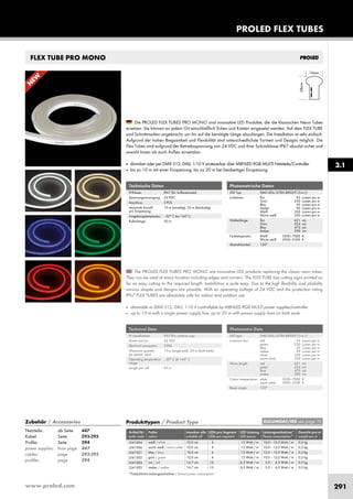 www.proled.com 291
PROLED FLEX TUBES
FLEX TUBE PRO MONO
3.1
The PROLED FLEX TUBES PRO MONO are innovative LED products replacing the classic neon tubes.
They can be used at every location including edges and corners. The FLEX TUBE has cutting signs printed on
for an easy cutting to the required length. Installation is quite easy. Due to the high flexibility and pliability
various shapes and designs are possible. With an operating voltage of 24 VDC and the protection rating
IP67 FLEX TUBES are absolutely safe for indoor and outdoor use.
■ dimmable or DMX 512, DALI, 1-10 V controllable by MBNLED RGB MULTI power supplies/controller
■ up to 10 m with a single power supply line, up to 20 m with power supply lines on both ends
Die PROLED FLEX TUBES PRO MONO sind innovative LED Produkte, die die klassischen Neon Tubes
ersetzen. Sie können an jedem Ort einschließlich Ecken und Kanten eingesetzt werden. Auf dem FLEX TUBE
sind Schnittmarken angebracht, um ihn auf die benötigte Länge abzulängen. Die Installation ist sehr einfach.
Aufgrund der hohen Biegsamkeit und Flexibilität sind unterschiedlichste Formen und Designs möglich. Die
Flex Tubes sind aufgrund der Betriebsspannung von 24 VDC und ihrer Schutzklasse IP67 absolut sicher und
sowohl Innen als auch Außen einsetzbar.
■ dimmbar oder per DMX 512, DALI, 1-10 V ansteuerbar über MBNLED RGB MULTI Netzteile/Controller
■ bis zu 10 m mit einer Einspeisung, bis zu 20 m bei beidseitiger Einspeisung
Technische Daten
IP-Klasse: IP67 (für Außeneinsatz)
Spannungsversorgung: 24 VDC
Anschluss: 2-POL
maximale Anzahl 10 m (einseitig), 20 m (beidseitig)
pro Einspeisung:
Umgebungstemperatur: –20° C bis +45° C
Rollenlänge: 50 m
Technical Data
IP classification: IP67 (for outdoor use)
Power source: 24 VDC
Electrical connection: 2-PIN
Maximum quantity 10 m (single end), 20 m (both ends)
per power input:
Operating temperature –20° C till +45° C
range:
Length per roll: 50 m
Zubehör / Accessories
Netzteile: ab Seite 447
Kabel: Seite 293-295
Profile: Seite 294
power supplies: from page 447
cables: page 293-295
profiles: page 294
N
EW
Photometrische Daten
LED Typ: SMD LEDs ULTRA BRIGHT (3-in-1)
Lichtstrom: Rot 95 Lumen pro m
Grün 230 Lumen pro m
Blau 45 Lumen pro m
Amber 90 Lumen pro m
Weiß 350 Lumen pro m
Warm weiß 350 Lumen pro m
Wellenlänge: Rot 621 nm
Grün 524 nm
Blau 470 nm
Amber 590 nm
Farbtemperatur: Weiß 5500–7000 K
Warm weiß 2900–3300 K
Abstrahlwinkel: 120°
Photometric Data
LED type: SMD LEDs ULTRA BRIGHT (3-in-1)
Luminous flux: red 95 Lumen per m
green 230 Lumen per m
blue 45 Lumen per m
amber 90 Lumen per m
white 350 Lumen per m
warm white 350 Lumen per m
Wave length: red 621 nm
green 524 nm
blue 470 nm
amber 590 nm
Colour temperature: white 5500–7000 K
warm white 2900–3300 K
Beam angle: 120°
Produkttypen / Product Type
Artikel-Nr. Farbe trennbar alle LEDs pro Segment LED Leistung Leistungsaufnahme* Gewicht pro m
order code colour cuttable all LEDs per segment LED power Power consumption* weight per m
weiß / white 10,0 cm 6 12 Watt / m 10,0 –12,0 Watt / m 0,5 kg
warm weiß / warm white 10,0 cm 6 12 Watt / m 10,0 –12,0 Watt / m 0,5 kg
blau / blue 10,0 cm 6 12 Watt / m 10,0 –12,0 Watt / m 0,5 kg
grün / green 10,0 cm 6 12 Watt / m 10,0 –12,0 Watt / m 0,5 kg
rot / red 16,7 cm 10 6,5 Watt / m 5,0 – 6,5 Watt / m 0,5 kg
amber / amber 16,7 cm 10 6,5 Watt / m 5,0 – 6,5 Watt / m 0,5 kg
*Tatsächliche Leistungsaufnahme / Actual power consumption
EULUMDAT/IES see page 10
L341004
L341006
L341001
L341002
L341003
L341005
 