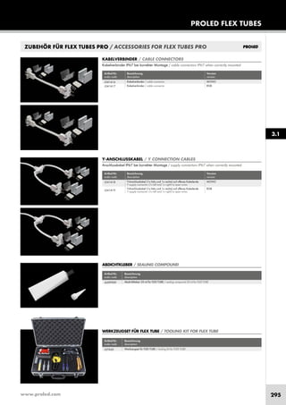 www.proled.com 295
PROLED FLEX TUBES
3.1
ZUBEHÖR FÜR FLEX TUBES PRO / ACCESSORIES FOR FLEX TUBES PRO
Artikel-Nr. Bezeichnung
order code description
Werkzeugset für FLEX TUBE / tooling kit for FLEX TUBEL37A20
WERKZEUGSET FÜR FLEX TUBE / TOOLING KIT FOR FLEX TUBE
ABDICHTKLEBER / SEALING COMPOUND
Artikel-Nr. Bezeichnung
order code description
Abdichtkleber 20 ml für FLEX TUBE / sealing compound 20 ml for FLEX TUBEL65XT909
Artikel-Nr. Bezeichnung Version
order code description version
Kabelverbinder / cable connector MONO
Kabelverbinder / cable connector RGB
KABELVERBINDER / CABLE CONNECTORS
Kabelverbinder IP67 bei korrekter Montage / cable connectors IP67 when correctly mounted
L341A16
L341A17
Artikel-Nr. Bezeichnung Version
order code description version
Y-Anschlusskabel (1x links und 1x rechts) auf offenes Kabelende MONO
Y supply connector (1x left and 1x right) to open wires
Y-Anschlusskabel (1x links und 1x rechts) auf offenes Kabelende RGB
Y supply connector (1x left and 1x right) to open wires
Y-ANSCHLUSSKABEL / Y CONNECTION CABLES
Anschlusskabel IP67 bei korrekter Montage / supply connectors IP67 when correctly mounted
L341A18
L341A19
 