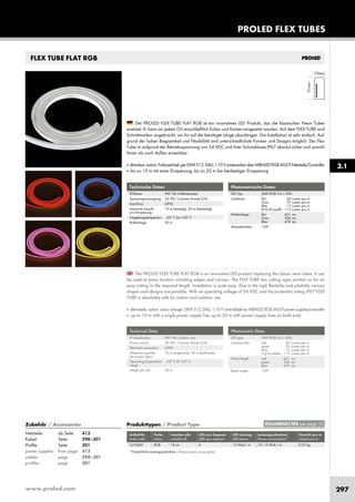 www.proled.com 297
PROLED FLEX TUBES
FLEX TUBE FLAT RGB
The PROLED FLEX TUBE FLAT RGB is an innovative LED product replacing the classic neon tubes. It can
be used at every location including edges and corners. The FLEX TUBE has cutting signs printed on for an
easy cutting to the required length. Installation is quite easy. Due to the high flexibility and pliability various
shapes and designs are possible. With an operating voltage of 24 VDC and the protection rating IP67 FLEX
TUBE is absolutely safe for indoor and outdoor use.
■ dimmable, autom. colour change, DMX 512, DALI, 1-10 V controllable by MBNLED RGB MULTI power supplies/controller
■ up to 10 m with a single power supply line, up to 20 m with power supply lines on both ends
Der PROLED FLEX TUBE FLAT RGB ist ein innovatives LED Produkt, das die klassischen Neon Tubes
ersetzet. Er kann an jedem Ort einschließlich Ecken und Kanten eingesetzt werden. Auf dem FLEX TUBE sind
Schnittmarken angebracht, um ihn auf die benötigte Länge abzulängen. Die Installation ist sehr einfach. Auf-
grund der hohen Biegsamkeit und Flexibilität sind unterschiedlichste Formen und Designs möglich. Der Flex
Tube ist aufgrund der Betriebsspannung von 24 VDC und ihrer Schutzklasse IP67 absolut sicher und sowohl
Innen als auch Außen einsetzbar.
■ dimmbar,autom.Farbwechsel,perDMX512,DALI,1-10VansteuerbarüberMBNLEDRGBMULTINetzteile/Controller
■ bis zu 10 m mit einer Einspeisung, bis zu 20 m bei beidseitiger Einspeisung
Photometrische Daten
LED Typ: SMD RGB 3-in-1 LEDs
Lichtstrom: Rot 30 Lumen pro m
Grün 70 Lumen pro m
Blau 15 Lumen pro m
R+G+B (weiß) 115 Lumen pro m
Wellenlänge: Rot 621 nm
Grün 528 nm
Blau 470 nm
Abstrahlwinkel: 120°
Photometric Data
LED type: SMD RGB 3-in-1 LEDs
Luminous flux: red 30 Lumen per m
green 70 Lumen per m
blue 15 Lumen per m
r+g+b (white) 115 Lumen per m
Wave length: red 621 nm
green 528 nm
blue 470 nm
Beam angle: 120°
Technische Daten
IP-Klasse: IP67 (für Außeneinsatz)
Spannungsversorgung: 24 VDC Common Anode (CA)
Anschluss: 4-POL
maximale Anzahl 10 m (einseitig), 20 m (beidseitig)
pro Einspeisung:
Umgebungstemperatur: –20° C bis +45° C
Rollenlänge: 50 m
Technical Data
IP classification: IP67 (for outdoor use)
Power source: 24 VDC Common Anode (CA)
Electrical connection: 4-PIN
Maximum quantity 10 m (single end), 20 m (both ends)
per power input:
Operating temperature –20° C till +45° C
range:
Length per roll: 50 m
Produkttypen / Product Type
Artikel-Nr. Farbe trennbar alle LEDs pro Segment LED Leistung Leistungsaufnahme* Gewicht pro m
order code colour cuttable all LEDs per segment LED power Power consumption* weight per m
RGB 10 cm 6 12 Watt / m 10–12 Watt / m 0,35 kg
*Tatsächliche Leistungsaufnahme / Actual power consumption
3.1
EULUMDAT/IES see page 10Zubehör / Accessories
Netzteile: ab Seite 413
Kabel: Seite 298–301
Profile: Seite 301
power supplies: from page 413
cables: page 298–301
profiles: page 301
L372000
 