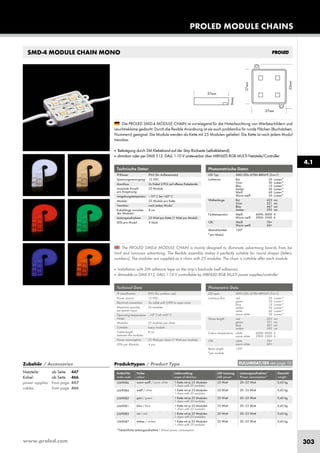 www.proled.com 303
PROLED MODULE CHAINS
SMD-4 MODULE CHAIN MONO
The PROLED SMD-4 MODULE CHAIN is mainly designed to illuminate advertising boards from be-
hind and luminous advertising. The flexible assembly makes it perfectly suitable for round shapes (letters,
numbers). The modules are supplied as a chain with 25 modules. The chain is cuttable after each module.
■ Installation with 3M adhesive tape on the strip’s backside (self adhesive).
■ dimmable or DMX 512, DALI, 1-10 V controllable by MBNLED RGB MULTI power supplies/controller
Die PROLED SMD-4 MODULE CHAIN ist vorwiegend für die Hinterleuchtung von Werbeschildern und
Leuchtreklame gedacht. Durch die flexible Anordnung ist sie auch problemlos für runde Flächen (Buchstaben,
Nummern) geeignet. Die Module werden als Kette mit 25 Modulen geliefert. Die Kette ist nach jedem Modul
trennbar.
■ Befestigung durch 3M Klebeband auf der Strip Rückseite (selbstklebend).
■ dimmbar oder per DMX 512, DALI, 1-10 V ansteuerbar über MBNLED RGB MULTI Netzteile/Controller
Technische Daten
IP-Klasse: IP65 (für Außeneinsatz)
Spannungsversorgung: 12 VDC
Anschluss: 2x Kabel 2-POL auf offenes Kabelende
maximale Anzahl 25 Module
pro Einspeisung:
Umgebungstemperatur: –10° C bis +45° C
Module: 25 Module pro Kette
Trennbar: nach jedem Modul
Kabellänge zwischen 8 cm
den Modulen:
Leistungsaufnahme: 25 Watt pro Kette (1 Watt pro Modul)
LEDs pro Modul: 4 Stück
Technical Data
IP classification: IP65 (for outdoor use)
Power source: 12 VDC
Electrical connection: 2x cable with 2-PIN to open wires
Maximum quantity 25 modules
per power input:
Operating temperature –10° C till +45° C
range:
Modules: 25 modules per chain
Cuttable: every module
Cable length 8 cm
between the modules:
Power consumption: 25 Watt per chain (1 Watt per module)
LEDs per Module: 4 pcs
Produkttypen / Product Type
Artikel-Nr. Farbe Lieferumfang LED Leistung Leistungsaufnahme* Gewicht
order code colour scope of delivery LED power Power consumption* weight
warm weiß / warm white 1 Kette mit je 25 Modulen 25 Watt 20–25 Watt 0,45 kg
1 chain with 25 modules
weiß / white 1 Kette mit je 25 Modulen 25 Watt 20–25 Watt 0,45 kg
1 chain with 25 modules
grün / green 1 Kette mit je 25 Modulen 25 Watt 20–25 Watt 0,45 kg
1 chain with 25 modules
blau / blue 1 Kette mit je 25 Modulen 25 Watt 20–25 Watt 0,45 kg
1 chain with 25 modules
rot / red 1 Kette mit je 25 Modulen 25 Watt 20–25 Watt 0,45 kg
1 chain with 25 modules
amber / amber 1 Kette mit je 25 Modulen 25 Watt 20–25 Watt 0,45 kg
1 chain with 25 modules
*Tatsächliche Leistungsaufnahme / Actual power consumption
Photometrische Daten
LED Typ: SMD LEDs ULTRA BRIGHT (3-in-1)
Lichtstrom: Rot 20 Lumen*
Grün 30 Lumen*
Blau 10 Lumen*
Amber 20 Lumen*
Weiß 60 Lumen*
Warm weiß 50 Lumen*
Wellenlänge: Rot 623 nm
Grün 521 nm
Blau 467 nm
Amber 592 nm
Farbtemperatur: Weiß 6000–8000 K
Warm weiß 2900–3500 K
CRI: Weiß 70+
Warm weiß 60+
Abstrahlwinkel: 120°
*pro Modul
Photometric Data
LED type: SMD LEDs ULTRA BRIGHT (3-in-1)
Luminous flux: red 20 Lumen*
green 30 Lumen*
blue 10 Lumen*
amber 20 Lumen*
white 60 Lumen*
warm white 50 Lumen*
Wave length: red 623 nm
green 521 nm
blue 467 nm
amber 592 nm
Colour temperature: white 6000–8000 K
warm white 2900–3500 K
CRI: white 70+
warm white 60+
Beam angle: 120°
*per module
4.1
EULUMDAT/IES see page 10Zubehör / Accessories
Netzteile: ab Seite 447
Kabel: ab Seite 466
power supplies: from page 447
cables: from page 466
L369086
L369084
L369082
L369081
L369083
L369087
 