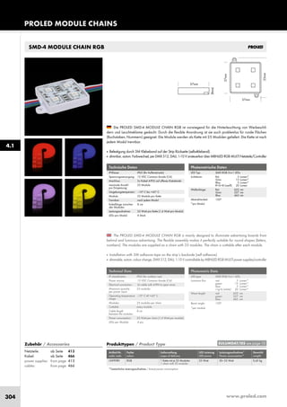 www.proled.com304
PROLED MODULE CHAINS
SMD-4 MODULE CHAIN RGB
The PROLED SMD-4 MODULE CHAIN RGB is mainly designed to illuminate advertising boards from
behind and luminous advertising. The flexible assembly makes it perfectly suitable for round shapes (letters,
numbers). The modules are supplied as a chain with 25 modules. The chain is cuttable after each module.
■ Installation with 3M adhesive tape on the strip’s backside (self adhesive).
■ dimmable,autom.colourchange,DMX512,DALI,1-10VcontrollablebyMBNLEDRGBMULTIpowersupplies/controller
Die PROLED SMD-4 MODULE CHAIN RGB ist vorwiegend für die Hinterleuchtung von Werbeschil-
dern und Leuchtreklame gedacht. Durch die flexible Anordnung ist sie auch problemlos für runde Flächen
(Buchstaben, Nummern) geeignet. Die Module werden als Kette mit 25 Modulen geliefert. Die Kette ist nach
jedem Modul trennbar.
■ Befestigung durch 3M Klebeband auf der Strip Rückseite (selbstklebend).
■ dimmbar, autom. Farbwechsel, per DMX 512, DALI, 1-10 V ansteuerbar über MBNLED RGB MULTI Netzteile/Controller
Technische Daten
IP-Klasse: IP65 (für Außeneinsatz)
Spannungsversorgung: 12 VDC Common Anode (CA)
Anschluss: 2x Kabel 4-POL auf offenes Kabelende
maximale Anzahl 25 Module
pro Einspeisung:
Umgebungstemperatur: –10° C bis +45° C
Module: 25 Module pro Kette
Trennbar: nach jedem Modul
Kabellänge zwischen 8 cm
den Modulen:
Leistungsaufnahme: 25 Watt pro Kette (1,4 Watt pro Modul)
LEDs pro Modul: 4 Stück
Produkttypen / Product Type
Artikel-Nr. Farbe Lieferumfang LED Leistung Leistungsaufnahme* Gewicht
order code colour scope of delivery LED power Power consumption* weight
RGB 1 Kette mit je 25 Modulen 35 Watt 30–35 Watt 0,45 kg
1 chain with 25 modules
*Tatsächliche Leistungsaufnahme / Actual power consumption
Photometrische Daten
LED Typ: SMD RGB 3-in-1 LEDs
Lichtstrom: Rot 5 Lumen*
Grün 15 Lumen*
Blau 5 Lumen*
R+G+B (weiß) 20 Lumen
Wellenlänge: Rot 622 nm
Grün 527 nm
Blau 465 nm
Abstrahlwinkel: 120°
*pro Modul
Technical Data
IP classification: IP65 (for outdoor use)
Power source: 12 VDC Common Anode (CA)
Electrical connection: 2x cable with 4-PIN to open wires
Maximum quantity 25 modules
per power input:
Operating temperature –10° C till +45° C
range:
Modules: 25 modules per chain
Cuttable: every module
Cable length 8 cm
between the modules:
Power consumption: 25 Watt per chain (1,4 Watt per module)
LEDs per Module: 4 pcs
Photometric Data
LED type: SMD RGB 3-in-1 LEDs
Luminous flux: red 5 Lumen*
green 15 Lumen*
blue 5 Lumen*
r+g+b (white) 20 Lumen*
Wave length: red 622 nm
green 527 nm
blue 465 nm
Beam angle: 120°
*per module
4.1
EULUMDAT/IES see page 10Zubehör / Accessories
Netzteile: ab Seite 413
Kabel: ab Seite 466
power supplies: from page 413
cables: from page 466
L369080
 