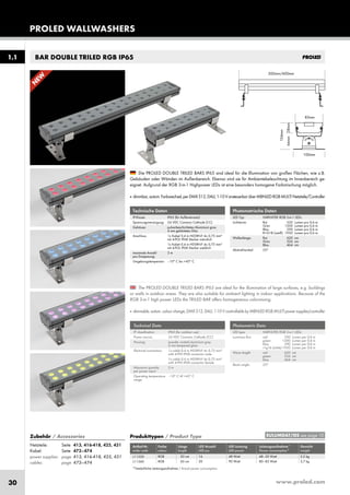 www.proled.com30
PROLED WALLWASHERS
1.1 BAR DOUBLE TRILED RGB IP65
Photometric Data
LED type: HARVATEK RGB 3-in-1 LEDs
Luminous flux: red 550 Lumen per 0,6 m
green 1200 Lumen per 0,6 m
blue 290 Lumen per 0,6 m
r+g+b (white) 1950 Lumen per 0,6 m
Wave length: red 620 nm
green 526 nm
blue 464 nm
Beam angle: 25°
Technical Data
IP classification: IP65 (for outdoor use)
Power source: 24 VDC Common Cathode (CC)
Housing: powder coated aluminium grey
4 mm tempered glass
Electrical connection: 1x cable 0,4 m H05RN-F 4x 0,75 mm²
with 4-PIN IP68 connector male
1x cable 0,4 m H05RN-F 4x 0,75 mm²
with 4-PIN IP68 connector female
Maximum quantity 3 m
per power input:
Operating temperature –10° C till +45° C
range:
The PROLED DOUBLE TRILED BARS IP65 are ideal for the illumination of large surfaces, e.g. buildings
or walls in outdoor areas. They are also suitable for ambient lighting in indoor applications. Because of the
RGB 3-in-1 high power LEDs the TRILED BAR offers homogeneous colormixing.
■ dimmable,autom.colourchange,DMX512,DALI,1-10VcontrollablebyMBNLEDRGBMULTIpowersupplies/controller
Technische Daten
IP-Klasse: IP65 (für Außeneinsatz)
Spannungsversorgung: 24 VDC Common Cathode (CC)
Gehäuse: pulverbeschichtetes Aluminium grau
4 mm gehärtetes Glas
Anschluss: 1x Kabel 0,4 m H05RN-F 4x 0,75 mm²
mit 4-POL IP68 Stecker männlich
1x Kabel 0,4 m H05RN-F 4x 0,75 mm²
mit 4-POL IP68 Stecker weiblich
maximale Anzahl 3 m
pro Einspeisung:
Umgebungstemperatur: –10° C bis +45° C
Photometrische Daten
LED Typ: HARVATEK RGB 3-in-1 LEDs
Lichtstrom: Rot 550 Lumen pro 0,6 m
Grün 1200 Lumen pro 0,6 m
Blau 290 Lumen pro 0,6 m
R+G+B (weiß) 1950 Lumen pro 0,6 m
Wellenlänge: Rot 620 nm
Grün 526 nm
Blau 464 nm
Abstrahlwinkel: 25°
Die PROLED DOUBLE TRILED BARS IP65 sind ideal für die Illumination von großen Flächen, wie z.B.
Gebäuden oder Wänden im Außenbereich. Ebenso sind sie für Ambientebeleuchtung im Innenbereich ge-
eignet. Aufgrund der RGB 3-in-1 Highpower LEDs ist eine besonders homogene Farbmischung möglich.
■ dimmbar,autom.Farbwechsel,perDMX512,DALI,1-10VansteuerbarüberMBNLEDRGBMULTINetzteile/Controller
Produkttypen / Product Type
Artikel-Nr. Farbe Länge LED Anzahl LED Leistung Leistungsaufnahme* Gewicht
order code colour length LED pcs LED power Power consumption* weight
RGB 30 cm 16 48 Watt 48–50 Watt 2,2 kg
RGB 60 cm 30 90 Watt 80–85 Watt 3,7 kg
*Tatsächliche Leistungsaufnahme / Actual power consumption
EULUMDAT/IES see page 10Zubehör / Accessories
Netzteile: Seite 413, 416-418, 425, 431
Kabel: Seite 473–474
power supplies: page 413, 416-418, 425, 431
cables: page 473–474
L11330
L11360
N
EW
N
EW
 