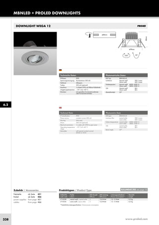 www.proled.com338
MBNLED + PROLED DOWNLIGHTS
DOWNLIGHT WEGA 12
Photometrische Daten
LED Typ: BRIDGELUX
Lichtstrom: Neutral weiß 900 Lumen
Warm weiß 820 Lumen
Farbtemperatur: Neutral weiß 4000–4500 K
Warm weiß 2800–3300 K
CRI: Neutral weiß 80+
Warm weiß 80+
Abstrahlwinkel: 25°
Produkttypen / Product Type
Artikel-Nr. Farbe LED Anzahl LED Leistung Leistungsaufnahme* Gewicht
order code colour LED pcs LED power Power consumption* weight
neutral weiß / neutral white 1 12,8 Watt 12–13 Watt 0,3 kg
warm weiß / warm white 1 12,8 Watt 12–13 Watt 0,3 kg
*Tatsächliche Leistungsaufnahme / Actual power consumption
Technische Daten
IP-Klasse: IP20
Spannungsversorgung: Konstantstrom 500 mA
Gehäuse: silbergrau
Treiber: 500 mA (optional)
Anschluss: 1x Kabel 2-POL auf offenes Kabelende
Umgebungstemperatur: –10° C bis +45° C
Dimmbar: mit speziellem Konstantstromdimmer
oder Konstantstromtreiber
Photometric Data
LED type: BRIDGELUX
Luminous flux: neutral white 900 Lumen
warm white 820 Lumen
Colour temperature: neutral white 4000–4500 K
warm white 2800–3300 K
CRI: neutral white 80+
warm white 80+
Beam angle: 25°
Technical Data
IP classification: IP20
Power source: constant current 500 mA
Housing: silver grey
Driver: 500 mA (optional)
Electrical connection: 1x cable with 2-PIN to open wires
Operating temperature –10° C till +45° C
range:
Dimmable: with special constant current
dimmer or driver
6.2
EULUMDAT/IES see page 10Zubehör / Accessories
Netzteile: ab Seite 451
Kabel: ab Seite 466
power supplies: from page 451
cables: from page 466
L710338
L710336
 