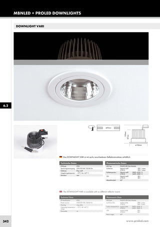 www.proled.com342
MBNLED + PROLED DOWNLIGHTS
DOWNLIGHT VARI
Photometrische Daten
LED Typ: PHILIPS LED Disk Module
Lichtstrom: Neutral weiß 890 Lumen
2700 K 890 Lumen
Farbtemperatur: Neutral weiß 3800–4200 K
2700 K 2400–3000 K
CRI: Neutral weiß 80+
2700 K 80+
Abstrahlwinkel: 60°
Photometric Data
LED type: PHILIPS LED Disk Module
Luminous flux: neutral white 890 Lumen
2700 K 890 Lumen
Colour temperature: neutral white 3800–4200 K
2700 K 2400–3000 K
CRI: neutral white 80+
2700 K 80+
Beam angle: 60°
The DOWNLIGHT VARI is available with six different reflector inserts.
Das DOWNLIGHT VARI ist mit sechs verschiedenen Reflektoreinsätzen erhältlich.
Technische Daten
IP-Klasse: IP20
Spannungsversorgung: 220-230 VAC 50/60 Hz
Gehäuse: Ring weiß
Umgebungstemperatur: –10° C bis +45° C
Dimmbar: nein
Technical Data
IP classification: IP20
Power source: 220-230 VAC 50/60 Hz
Housing: ring white
Operating temperature –10° C till +45° C
range:
Dimmable: no
6.2
 