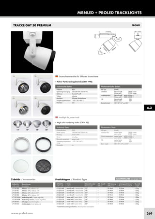 www.proled.com 369
TRACKLIGHT 50 PREMIUM
MBNLED + PROLED TRACKLIGHTS
Photometrische Daten
LED Typ: SHARP
Lichtstrom: Neutral weiß 2800 Lumen
Warm weiß 2700 Lumen
Farbtemperatur: Neutral weiß 4000–4500 K
Warm weiß 2800–3300 K
CRI: Neutral weiß 90+
Warm weiß 90+
Abstrahlwinkel: 12°, 18°, 24° und 36°
Stromschienenstrahler für 3-Phasen Stromschiene
■ Hoher Farbwiedergabeindex (CRI > 90).
*Tatsächliche Leistungsaufnahme / Actual power consumption
Produkttypen / Product Type
Artikel-Nr. Farbe Abstrahlwinkel LED Anzahl LED Leistung Leistungsaufnahme* Gewicht
order code colour beam angle LED pcs LED power Power consumption* weight
neutral weiß / neutral white 12° 1 50 Watt 55 Watt 1,2 kg
neutral weiß / neutral white 18° 1 50 Watt 55 Watt 1,2 kg
neutral weiß / neutral white 24° 1 50 Watt 55 Watt 1,2 kg
neutral weiß / neutral white 36° 1 50 Watt 55 Watt 1,2 kg
warm weiß / warm white 12° 1 50 Watt 55 Watt 1,2 kg
warm weiß / warm white 18° 1 50 Watt 55 Watt 1,2 kg
warm weiß / warm white 24° 1 50 Watt 55 Watt 1,2 kg
warm weiß / warm white 36° 1 50 Watt 55 Watt 1,2 kg
Technische Daten
IP-Klasse: IP20
Spannungsversorgung: 220-240 VAC 50/60 Hz
Gehäuse: PBT Kunststoff RAL 9003
Treiber: Foimo Treiber inkl.
Anschluss: 3-Phasen Stromschiene
Umgebungstemperatur: –10° C bis +45° C
Dimmbar: als Sonderoption auf Anfrage
Technische Daten
IP-Klasse: IP20
Spannungsversorgung: 100-240 VAC 50/60 Hz
Gehäuse: Kunststoff weiß
Treiber: inklusive
Anschluss: 3-Phasen Stromschiene
Umgebungstemperatur: –10° C bis +45° C
Dimmbar: nein
Photometric Data
LED type: SHARP
Luminous flux: neutral white 2800 Lumen
warm white 2700 Lumen
Colour temperature: neutral white 4000–4500 K
warm white 2800–3300 K
CRI: neutral white 90+
warm white 90+
Beam angle: 12°, 18°, 24° and 36°
tracklight for power track
■ High color rendering index (CRI > 90)
Technical Data
IP classification: IP20
Power source: 100-240 VAC 50/60 Hz
Housing: plastic white
Driver: including
Electrical connection: power track
Operating temperature –10° C till +45° C
range:
Dimmable: no
Zubehör / Accessories
Artikel-Nr. Bezeichnung
order code description
Reflektor 12°/ reflector 12°
Reflektor 18° / reflector 18°
Reflektor 24°/ reflector 24°
Reflektor 36° / reflector 36°
Abdeckring weiß / cover ring white
Abdeckring schwarz / cover ring black
Schutzglas / protective glass
Antiblendgitter / anti glare grid
18°12° 24° 36°
6.3
EULUMDAT/IES see page 10
L71201R0
L71201R1
L71201R2
L71201R3
L71201A2W
L71201A2B
L71201A1
L71201A3
L7120180P
L7120181P
L7120182P
L7120183P
L7120160P
L7120161P
L7120162P
L7120163P
 