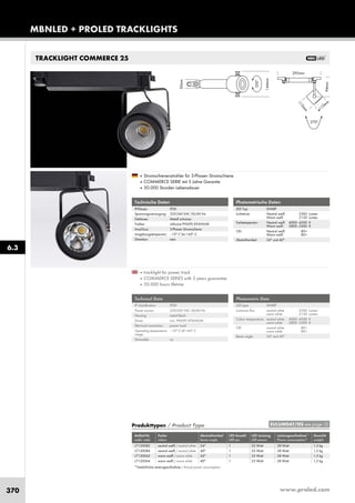 www.proled.com370
TRACKLIGHT COMMERCE 25
Photometric Data
LED type: SHARP
Luminous flux: neutral white 2300 Lumen
warm white 2150 Lumen
Colour temperature: neutral white 4000–4500 K
warm white 2800–3300 K
CRI: neutral white 80+
warm white 80+
Beam angle: 24° and 40°
■ tracklight for power track
■ COMMERCE SERIES with 5 years guarantee
■ 50.000 hours lifetime
■ Stromschienenstrahler für 3-Phasen Stromschiene
■ COMMERCE SERIE mit 5 Jahre Garantie
■ 50.000 Stunden Lebensdauer
Produkttypen / Product Type
Artikel-Nr. Farbe Abstrahlwinkel LED Anzahl LED Leistung Leistungsaufnahme* Gewicht
order code colour beam angle LED pcs LED power Power consumption* weight
neutral weiß / neutral white 24° 1 25 Watt 28 Watt 1,5 kg
neutral weiß / neutral white 40° 1 25 Watt 28 Watt 1,5 kg
warm weiß / warm white 24° 1 25 Watt 28 Watt 1,5 kg
warm weiß / warm white 40° 1 25 Watt 28 Watt 1,5 kg
*Tatsächliche Leistungsaufnahme / Actual power consumption
Photometrische Daten
LED Typ: SHARP
Lichtstrom: Neutral weiß 2300 Lumen
Warm weiß 2150 Lumen
Farbtemperatur: Neutral weiß 4000–4500 K
Warm weiß 2800–3300 K
CRI: Neutral weiß 80+
Warm weiß 80+
Abstrahlwinkel: 24° und 40°
Technische Daten
IP-Klasse: IP20
Spannungsversorgung: 220-240 VAC 50/60 Hz
Gehäuse: Metall schwarz
Treiber: inklusive PHILIPS XITANIUM
Anschluss: 3-Phasen Stromschiene
Umgebungstemperatur: –10° C bis +45° C
Dimmbar: nein
Technical Data
IP classification: IP20
Power source: 220-240 VAC 50/60 Hz
Housing: metal black
Driver: incl. PHILIPS XITANIUM
Electrical connection: power track
Operating temperature –10° C till +45° C
range:
Dimmable: no
EULUMDAT/IES see page 10
L7120082
L7120084
L7120062
L7120064
MBNLED + PROLED TRACKLIGHTS
6.3
 