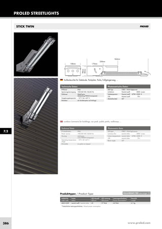 www.proled.com386
PROLED STREETLIGHTS
STICK TWIN
Photometrische Daten
LED Typ: CREE 1 Watt Highpower
Lichtstrom: Neutral weiß 2800 Lumen
Farbtemperatur: Neutral weiß 4700–5200 K
CRI: Neutral weiß 70+
Abstrahlwinkel: 50°
Außenleuchte für Gebäude, Parkplatz, Parks, Fußgängerweg, ...
Technische Daten
IP-Klasse: IP66
Spannungsversorgung: 100-240 VAC 50/60 Hz
Gehäuse: Metall grau
Abdeckung PMMA transparent
Umgebungstemperatur: –10° C bis +45° C
Dimmbar: als Sonderoption auf Anfrage
Produkttypen / Product Type
Artikel-Nr. Farbe LED Anzahl LED Leistung Leistungsaufnahme* Gewicht
order code colour LED pcs LED power Power consumption* weight
neutral weiß / neutral white 42 37 Watt 44 Watt 4,1 kg
*Tatsächliche Leistungsaufnahme / Actual power consumption
Photometric Data
LED type: CREE 1 Watt high power
Luminous flux: neutral white 2800 Lumen
Colour temperature: neutral white 4700–5200 K
CRI: neutral white 70+
Beam angle: 50°
outdoor luminaire for buildings, car park, public parks, walkways, ...
Technical Data
IP classification: IP66
Power source: 100-240 VAC 50/60 Hz
Housing: metal grey
cover PMMA transparent
Operating temperature –10° C till +45° C
range:
Dimmable: as option on request
7.2
EULUMDAT/IES see page 10
L8001028T
 