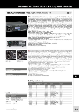 www.proled.com 413
MBNLED + PROLED POWER SUPPLIES / PWM DIMMERS
Technical Data
Dimensions (w x h x d): 240 x 75 x 300 mm
Technische Daten
Abmessungen (b x h x t): 240 x 75 x 300 mm
RGB MULTI NETZTEILE 3G / RGB MULTI POWER SUPPLIES 3G
Produkttypen / Product Type
Artikel-Nr. Ausgangsspannung Leistung Version Gewicht
order code output voltage power version weight
5 V 50 Watt Common Anode* 2,8 kg
5 V 90 Watt Common Anode* 2,9 kg
12 V 90 Watt Common Anode* 2,9 kg
12 V 90 Watt Common Cathode* 2,9 kg
12 V 180 Watt Common Anode 3,0 kg
12 V 180 Watt Common Cathode 3,0 kg
12 V 180 Watt Common Anode - Silent* 3,0 kg
12 V 180 Watt Common Cathode - Silent* 3,0 kg
12 V 300 Watt Common Anode 3,3 kg
12 V 300 Watt Common Cathode 3,3 kg
24 V 90 Watt Common Anode 2,9 kg
24 V 90 Watt Common Cathode 2,9 kg
24 V 180 Watt Common Anode 3,0 kg
24 V 180 Watt Common Cathode 3,0 kg
24 V 180 Watt Common Anode - Silent* 3,0 kg
24 V 180 Watt Common Cathode - Silent* 3,0 kg
24 V 300 Watt Common Anode 3,3 kg
24 V 300 Watt Common Cathode 3,3 kg
*ohne Lüfter / without fan
The MBNLED RGB MULTI power supplies are used as power supply for all PROLED RGB products.
With the MBNLED RGB MULTI power supplies fantastic colour mixings and colour changes for the PROLED
products can be achieved (by automatic programs or DMX, DALI or 1-10 V control). Any fixed colour can
as well be selected and dimmed. The automatic programs can be changed by RDM with the PC-DMX/RDM
INTERFACE and the software (included with the PC-DMX/RDM INTERFACE – see page 422). With RDM
also the configuration of the RGB DMX power supplies is possible. By using the IR or RF receiver all programs
can be controlled with the IR or RF remote controller (page 421). Two versions are available: CA (common
anode – common plus) and CC (common cathode – common minus). Each version is available with output
voltages of 5 Volts, 12 Volts or 24 Volts and different power ratings (50 – 300 Watt). The MBNLED RGB
MULTI power supplies can also be used as 3 channel dimmer for the monochrome PROLED products.
■ Each power supply has three channels – R (red), G (green), B (blue)
■ MULTI input: DMX 512, DALI, 1-10 V controllable
■ Remote controllable per RDM by using the PC-DMX/RDM INTERFACE and the software (page 422)
■ IR or RF remote controllable by using the IR or RF INTERFACE (page 421)
■ 16 integrated stand alone programs (changeable with the PC-DMX/RDM INTERFACE)
■ Each program with speed adjustment from 0,05 sec to 30 min
■ Each colour manually selectable and dimmable
■ A colour can be saved as default colour, that is automatically set after restarting the device
■ Selectable PWM frequency (80-1200 Hz)
■ Overheat protection
■ Master – Slave operation possible
■ Graphic LCD display and four operating buttons
Die MBNLED RGB MULTI Netzteile dienen als Stromversorgung für alle PROLED RGB Produkte. Mit
den MBNLED RGB MULTI Netzteilen können fantastische Farbmischungen und Farbwechsel für die PROLED
Produkte erzeugt werden (durch Autoprogramme oder per DMX, DALI oder 1-10 V Ansteuerung). Auch
kann eine beliebige feste Farbe eingestellt und gedimmt werden. Die Autoprogramme können mit dem PC-
DMX/RDM INTERFACE und der zugehörigen Software (Seite 422) per RDM beliebig geändert werden.
Ebenso können mit dem PC-DMX/RDM Interface auch sämtliche Einstellungen per RDM vorgenommen wer-
den. Bei Verwendung des IR oder RF Receivers (Seite 421) können sämtliche Programme per IR oder RF
Fernbedienung abgerufen werden. Es sind zwei Versionen erhältlich: CA (Common Anode – gemeinsamer
Plus) und CC (Common Cathode – gemeinsamer Minus). Jede dieser Version ist mit einer Ausgangsspan-
nung von 5 Volt, 12 Volt oder 24 Volt und in verschiedenen Leistungsklassen (50 - 300 Watt) erhältlich.
Auch können die MBNLED RGB MULTI Netzteile als 3-Kanal Dimmer für die monochromen PROLED Pro-
dukte eingesetzt werden.
■ jedes Netzteil hat drei Kanäle – R (rot), G (grün), B (blau)
■ MULTI Eingang: DMX 512, DALI, 1-10 V ansteuerbar
■ fernsteuerbar per RDM mit dem PC-DMX/RDM INTERFACE und der zugehörigen Software (Seite 422)
■ fernsteuerbar per IR oder RF Fernbedienung bei Verwendung des IR oder RF Receivers (Seite 421)
■ 16 eingebaute Standalone Programme (mit PC-DMX/RDM Interface beliebig änderbar)
■ jedes Programm mit Geschwindigkeitseinstellung von 0,05 Sek. – 30 Min.
■ gewünschte Farbe manuell einstell- und dimmbar
■ eine Farbe als Defaultfarbe speicherbar, die nach dem Aus- und Wiedereinschalten des Gerätes wieder
ausgegeben wird
■ einstellbare PWM Frequenz von 80-1200 Hz
■ Überhitzungsschutz mit Temperaturanzeige im Display und per RDM
■ Master – Slave Betrieb möglich
■ Grafik LCD Display und vier Bedientasten
Zubehör / Accessories
Artikel-Nr. Bezeichnung
order code description
OPTION RJ45 INPUT (für DALI)
OPTION RJ45 input (for DALI)
OPTION XLR 7-POL INPUT (für 1-10 V)
OPTION XLR 7-PIN input (for 1-10 V)
L553GD
L553GA
DMX Kabel: Seite 475
DMX cables: page 475
RJ45 (für DALI)
RJ45 (for DALI)
XLR 7-POL (für 1-10 V)
XLR 7-PIN (for 1-10 V)
9.1
L59553G
L59603G
L58103G
L57103G
L58203G
L57203G
L58203GS
L57203GS
L58303G
L57303G
L56103G
L55103G
L56203G
L55203G
L56203GS
L55203GS
L56303G
L55303G
 