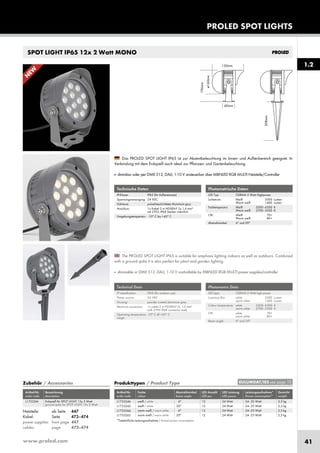 www.proled.com 41
PROLED SPOT LIGHTS
1.2
SPOT LIGHT IP65 12x 2 Watt MONO
Artikel-Nr. Bezeichnung
order code description
Erdspieß für SPOT LIGHT 12x 2 Watt
ground spike for SPOT LIGHT 12x 2 Watt
L17332M
Photometrische Daten
LED Typ: OSRAM 2 Watt Highpower
Lichtstrom: Weiß 2000 Lumen
Warm weiß 1400 Lumen
Farbtemperatur: Weiß 5500–6500 K
Warm weiß 2700–3500 K
CRI: Weiß 70+
Warm weiß 80+
Abstrahlwinkel: 6° und 20°
Photometric Data
LED type: OSRAM 2 Watt high power
Luminous flux: white 2000 Lumen
warm white 1400 Lumen
Colour temperature: white 5500–6500 K
warm white 2700–3500 K
CRI: white 70+
warm white 80+
Beam angle: 6° and 20°
The PROLED SPOT LIGHT IP65 is suitable for emphasis lighting indoors as well as outdoors. Combined
with a ground spike it is also perfect for plant and garden lighting.
■ dimmable or DMX 512, DALI, 1-10 V controllable by MBNLED RGB MULTI power supplies/controller
Das PROLED SPOT LIGHT IP65 ist zur Akzentbeleuchtung im Innen- und Außenbereich geeignet. In
Verbindung mit dem Erdspieß auch ideal zur Pflanzen- und Gartenbeleuchtung.
■ dimmbar oder per DMX 512, DALI, 1-10 V ansteuerbar über MBNLED RGB MULTI Netzteile/Controller
Technische Daten
IP-Klasse: IP65 (für Außeneinsatz)
Spannungsversorgung: 24 VDC
Gehäuse: pulverbeschichtetes Aluminium grau
Anschluss: 1x Kabel 2 m H05RN-F 2x 1,0 mm²
mit 2-POL IP68 Stecker männlich
Umgebungstemperatur: -10° C bis +45° C
Technical Data
IP classification: IP65 (for outdoor use)
Power source: 24 VDC
Housing: powder coated aluminium grey
Electrical connection: 1x cable 2 m H05RN-F 2x 1,0 mm²
with 2-PIN IP68 connector male
Operating temperature -10° C till +45° C
range:
Zubehör / Accessories Produkttypen / Product Type
Artikel-Nr. Farbe Abstrahlwinkel LED Anzahl LED Leistung Leistungsaufnahme* Gewicht
order code colour beam angle LED pcs LED power Power consumption* weight
weiß / white 6° 12 24 Watt 24–25 Watt 2,3 kg
weiß / white 20° 12 24 Watt 24–25 Watt 2,3 kg
warm weiß / warm white 6° 12 24 Watt 24–25 Watt 2,3 kg
warm weiß / warm white 20° 12 24 Watt 24–25 Watt 2,3 kg
*Tatsächliche Leistungsaufnahme / Actual power consumption
EULUMDAT/IES see page 10
Netzteile: ab Seite 447
Kabel: Seite 473–474
power supplies: from page 447
cables: page 473–474
L1733246
L1733242
L1733266
L1733262
N
EW
 