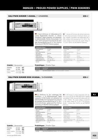 www.proled.com 435
MBNLED + PROLED POWER SUPPLIES / PWM DIMMERS
9.1
DALI PWM DIMMER 1-KANAL / 1-CHANNEL
DALI PWM DIMMER RGB 3-KANAL / 3-CHANNEL
1 channel LED dimmer with soft-start electronics
for soft control particularly in the lowest dimmer set-
tings. Digitally controllable and addressable with a
DALI interface. Soft dimming from 0 to 100 %. The
output voltage corresponds to the supply voltage of
12–24 V. Not for use with EIB/KNX Gateways.
A LED dimmer for three independent LED dim-
mer circuits and also for RGB applications. Digitally
controllable (3 DALI channels) and addressable with
a DALI interface. The output voltage corresponds
to the supply voltage of 12–24 V. CA (Common
Anode – common plus). Not for use with EIB/KNX
Gateways.
1 Kanal LED-Dimmer mit Softstartelektronik für
weiches Regelverhalten besonders im untersten
Dimmbereich. Digital ansteuerbar und adressierbar
mit DALI-Schnittstelle. Weiches Dimmverhalten 0 bis
100 %. Die Ausgangsspannung entspricht der jewei-
ligen Versorgungsspannung von 12–24 V. Nicht zur
Verwendung mit EIB/KNX Gateways geeignet.
Ein LED-Dimmer für drei unabhängige LED-
Dimmkreise u. a. für RGB-Anwendungen. Digital
ansteuerbar (3 DALI Kanäle) und adressierbar mit
DALI-Schnittstelle. Die Ausgangsspannung entspricht
der jeweiligen Versorgungsspannung von 12–24 V.
CA (Common Anode – gemeinsamer Plus). Nicht zur
Verwendung mit EIB/KNX Gateways geeignet.
Technical Data
Power Range: 12–24 V
Output: 1x 6 A
Number of control inputs: 1
Control signal: DALI/DSI
Output channels: 1
PWM frequency: 240 Hz
Output voltage: 12–24 VDC
Operating temperature range: -20° C till +45° C
Dimensions (l x w x h): 167 x 42 x 31 mm
Weight: 0,1 kg
Technical Data
Power Range: 12–24 V
Output: 3x 2 A
Number of control inputs: 1
Control signal: DALI/DSI
Output channels: 3
PWM frequency: 240 Hz
Output voltage: 12–24 VDC
Operating temperature range: -20° C till +45° C
Dimensions (l x w x h): 167 x 42 x 31 mm
Weight: 0,1 kg
Technische Daten
Spannungsbereich: 12–24 V
Ausgang: 1x 6 A
Anzahl Steuereingänge: 1
Steuersignal: DALI/DSI
Ausgangskanäle: 1
PWM Frequenz: 240 Hz
Ausgangsspannung: 12–24 VDC
Umgebungstemperatur: -20° C bis +45° C
Abmessungen (l x b x h): 167 x 42 x 31 mm
Gewicht: 0,1 kg
Technische Daten
Spannungsbereich: 12–24 V
Ausgang: 3x 2 A
Anzahl Steuereingänge: 1
Steuersignal: DALI/DSI
Ausgangskanäle: 3
PWM Frequenz: 240 Hz
Ausgangsspannung: 12–24 VDC
Umgebungstemperatur: -20° C bis +45° C
Abmessungen (l x b x h): 167 x 42 x 31 mm
Gewicht: 0,1 kg
Produkttypen / Product Type
Artikel-Nr. Bezeichnung
order code description
DALI PWM DIMMER 1-KANAL / DALI PWM DIMMER 1-CHANNEL
Produkttypen / Product Type
Artikel-Nr. Bezeichnung
order code description
DALI PWM DIMMER RGB 3-KANAL / DALI PWM DIMMER RGB 3-CHANNEL
Zubehör / Accessories
Netzteile: ab Seite 447
Kabel: ab Seite 466
power supplies: from page 447
cables: from page 466
Zubehör / Accessories
Netzteile: ab Seite 447
Kabel: ab Seite 466
power supplies: from page 447
cables: from page 466
L51501
L51502
 