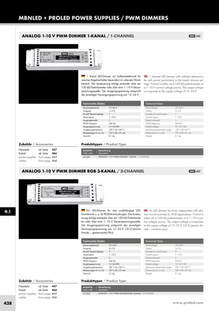 www.proled.com438
MBNLED + PROLED POWER SUPPLIES / PWM DIMMERS
ANALOG 1-10 V PWM DIMMER 1-KANAL / 1-CHANNEL
ANALOG 1-10 V PWM DIMMER RGB 3-KANAL / 3-CHANNEL
1 channel LED dimmer with soft-start electronics
for soft control particularly in the lowest dimmer set-
tings. Control is either via a 100 kΩ potentiometer or
a 1–10 V control voltage source. The output voltage
corresponds to the supply voltage of 12–24 V.
An LED dimmer for three independent LED dim-
mer circuits and also for RGB applications. Control is
either via a 100 kΩ potentiometer or a 1–10 V con-
trol voltage source. The output voltage corresponds
to the supply voltage of 12–24 V. CA (Common An-
ode – common plus).
1 Kanal LED-Dimmer mit Softstartelektronik für
weiches Regelverhalten besonders im untersten Dimm-
bereich. Die Ansteuerung erfolgt entweder über ein
100 kΩ Potentiometer oder über eine 1–10 V Steuer-
spannungsquelle. Die Ausgangsspannung entspricht
der jeweiligen Versorgungsspannung von 12–24 V.
Ein LED-Dimmer für drei unabhängige LED-
Dimmkreise u. a. für RGB-Anwendungen. Die Ansteu-
erung erfolgt entweder über ein 100 kΩ Potentiome-
ter oder über eine 1–10 V Steuerspannungsquelle.
Die Ausgangsspannung entspricht der jeweiligen
Versorgungsspannung von 12–24 V. CA (Common
Anode – gemeinsamer Plus).
Technical Data
Power Range: 12–24 V
Output: 1x 6 A
Number of control inputs: 1
Control signal: 1–10 V
Output channels: 1
PWM frequency: 240 Hz
Output voltage: 12–24 V DC
Operating temperature range: -20° C till +45° C
Dimensions (l x w x h): 167 x 42 x 31 mm
Weight: 0,1 kg
Technical Data
Power Range: 12–24 V
Output: 3x 2 A
Number of control inputs: 3
Control signal: 1–10 V
Output channels: 3
PWM frequency: 240 Hz
Output voltage: 12–24 V DC
Operating temperature range: -20° C till +45° C
Dimensions (l x w x h): 167 x 42 x 31 mm
Weight: 0,1 kg
Technische Daten
Spannungsbereich: 12–24 V
Ausgang: 1x 6 A
Anzahl Steuereingänge: 1
Steuersignal: 1–10 V
Ausgangskanäle: 1
PWM Frequenz: 240 Hz
Ausgangsspannung: 12–24 VDC
Umgebungstemperatur: -20° C bis +45° C
Abmessungen (l x b x h): 167 x 42 x 31 mm
Gewicht: 0,1 kg
Technische Daten
Spannungsbereich: 12–24 V
Ausgang: 3x 2 A
Anzahl Steuereingänge: 3
Steuersignal: 1–10 V
Ausgangskanäle: 3
PWM Frequenz: 240 Hz
Ausgangsspannung: 12–24 VDC
Umgebungstemperatur: -20° C bis +45° C
Abmessungen (l x b x h): 167 x 42 x 31 mm
Gewicht: 0,1 kg
Produkttypen / Product Type
Artikel-Nr. Bezeichnung
order code description
ANALOG 1-10 V PWM DIMMER 1-KANAL / 1-CHANNEL
Produkttypen / Product Type
Artikel-Nr. Bezeichnung
order code description
ANALOG 1-10 V PWM DIMMER RGB 3-KANAL / 3-CHANNEL
9.1
Zubehör / Accessories
Netzteile: ab Seite 447
Kabel: ab Seite 466
power supplies: from page 447
cables: from page 466
Zubehör / Accessories
Netzteile: ab Seite 447
Kabel: ab Seite 466
power supplies: from page 447
cables: from page 466
L51503
L51504
 