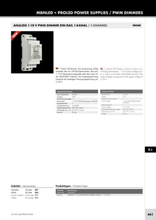 www.proled.com 441
MBNLED + PROLED POWER SUPPLIES / PWM DIMMERS
9.1
Produkttypen / Product Type
Artikel-Nr. Bezeichnung
order code description
ANALOG 1-10 V DIN RAIL PWM DIMMER 1-KANAL / 1-CHANNEL
Zubehör / Accessories
Netzteile: ab Seite 447
Kabel: ab Seite 466
power supplies: from page 447
cables: from page 466
L51515
ANALOG 1-10 V PWM DIMMER DIN RAIL 1-KANAL / 1-CHANNEL
1 channel LED dimmer. Control is either via a
100 kΩ potentiometer, 1–10 V control voltage sour-
ce or with a push button (PUSH-DIM function). The
output voltage corresponds to the supply voltage of
5–24 V.
1 Kanal LED-Dimmer. Die Ansteuerung erfolgt
entweder über ein 100 kΩ Potentiometer, über eine
1–10 V Steuerspannungsquelle oder über einen Ta-
ster (PUSH-DIM Funktion). Die Ausgangsspannung
entspricht der jeweiligen Versorgungsspannung von
5–24 V.
Technical Data
Power Range: 5–24 V
Output: 10 A
Number of control inputs: 1
Control signal: 1–10 V,100 kΩ potentiometer,
PUSH-DIM
Output channels: 1
Output voltage: 5–24 V DC
Operating temperature range: -20° C till +45° C
Dimensions (w x d x h): 35 x 67 x 112 mm
Weight: 0,1 kg
Technische Daten
Spannungsbereich: 5–24 V
Ausgang: 10 A
Anzahl Steuereingänge: 1
Steuersignal: 1–10 V, 100 kΩ Potentiometer, PUSH-DIM
Ausgangskanäle: 1
Ausgangsspannung: 5–24 VDC
Umgebungstemperatur: -20° C bis +45° C
Abmessungen (b x t x h): 35 x 67 x 112 mm
Gewicht: 0,1 kg
N
EW
 