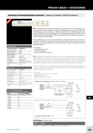 www.proled.com 465
PROLED CABLES + ACCESSORIES
EINSCHALTSTROMBEGRENZER KOMPAKT / INRUSH CURRENT LIMITER COMPACT
10.1
Technical Data
Inrush Current Limiter ICL COMPACT
Peak current limiting: 48,0 A
R.MS. current limiting: 33,9 A
Max. allowed capacitive load: 6000 µF
Smallest advisable B13A
circuit breaker:
AC input range: 184-265 VAC
AC continous range: 230 VAC
Line frequency: 16,33 Hz - 440 HZ
AC continous current: 16 A continous
AC peak current: 165 A for 20 ms / 800 A for 200 µs
Dimension in mm (w x h x d): 260 x 35,5 x 23,5
Weight: 0,2 kg
Technische Daten
Einschaltstrombegrenzer ICL KOMPAKT
Spitzenstrombegrenzung: 48,0 A
Effektivstrombegrenzung: 33,9 A
max. erlaubte kapazitive Last: 6000 µF
kleinster empfohlener B13A
Leistungsschutzschalter:
AC Spannungsbereich: 184-265 VAC
AC Nennspannung: 230 VAC
Netzfrequenz: 16,33 Hz - 440 HZ
AC Nennstrom: 16 A dauerhaft
AC Spitzenstrom: 165 A für 20 ms / 800 A für 200 µs
Abmessungen in mm (b x h x t): 260 x 35,5 x 23,5
Gewicht: 0,2 kg
LED switching power supplies show very high inrush currents. To increase however the number of switching
power supplies per circuit breaker, it is advisable to use a inrush current limiter. This electronic inrush current
limiter is an ideal solution to effectively reduce costs in LED lighting technology. It limits inrush currents precise
and with high repetitive accuracy. Due to this strict limitation significantly more LED power supplies can be
operated per circuit breaker. A lower current allows smaller wire cross-sections and less circuit breakers.
The inrush current limiter is connected between mains switch / contactor and load and is approved for in-
ductive and capacitive loads. At the moment of switching on the inrush current is limited for a defined time,
regardless what the actual inrush current is.
■ Flat housing
■ Springtype terminal 0,5–6 mm2
/ 21–10 AWG
■ Integrated bypass relay
■ Integrated temperature protection
LED Schaltnetzteile weisen sehr hohe Einschaltströme auf. Um jedoch die Anzahl der Schaltnetzteile pro Lei-
stungsschutzschalter zu erhöhen, empfiehlt es sich einen Einschaltstrombegrenzer zu verwenden. Der elektronische
Einschaltstrombegrenzer ist die ideale Lösung zur effektiven Kostenersparnis in der LED-Beleuchtungstechnik. Er be-
grenzt Einschaltströme präzise und wiederholungsgenau. Durch diese strikte Begrenzung können deutlich mehr LED-
NetzteilejeLeistungsschutzschalterbetriebenwerden. EinegeringereAmperezahlermöglichtgeringereLeitungsquer-
schnitte und weniger Leistungsschutzschalter.
Der Einschaltstrombegrenzer wird zwischen Netzschalter/Schütz und Verbraucher geschaltet und ist für den Einsatz
an induktiven und kapazitiven Lasten zugelassen. Im Moment des Einschaltens wird der von den angeschlossenen
Verbrauchern verursachte Einschaltstrom für eine definierte Zeit begrenzt. Dabei ist es unerheblich, wie hoch der
eigentliche Anlaufstrom ist.
■ Flachgehäuse
■ Federzugklemme 0,5–6 mm2
■ integriertes Bypass-Relais
■ eingebaute Temperaturüberwachung
Max. Anzahl Schaltnetzteile /
max. quantity of switching power supplies
Netzteil ca. Anzahl pro ICL KOMPAKT
Switching Power Supply approx. Quantity per ICL COMPACT
10 Watt 80
20 Watt 60
30 Watt 50
40 Watt 50
60 Watt 40
80 Watt 35
100 Watt 30
150 Watt 20
240 Watt 8
320 Watt 6
Produkttypen / Product Type
Artikel-Nr. Bezeichnung
order code description
Einschaltstrombegrenzer ICL KOMPAKT / inrush current limiter ICL COMPACT
Installation mit Einschaltstrombegrenzer / Installation With Inrush Current Limiter
Last (LED) /
load (LED)
Schaltnetzteile* /
Switch Mode PS*
Schaltnetzteile* /
Switch Mode PS*
16 Stück /
16 pcs
Max. 4 Stück /
4 pcs max.
Last (LED) /
load (LED)
Installation ohne Einschaltstrombegrenzer / Installation Without Inrush Current Limiter
Einschaltstrombegrenzer /
inrush current limiter
B16A Hauptschalter /
CB line-switcher
B16A Hauptschalter /
CB line-switcher
R
*Angenommene Lastkapazität pro Netzteil = 100µF
*Expected load capacity 100µF / SMPS
approx. Quantity per ICL COMPACT
Schaltnetzteile* /
Installation ohne Einschaltstrombegrenzer / Installation Without Inrush Current Limiter
Einschaltstrombegrenzer /
inrush current limiter
L5ICLCOMP
N
EW
 