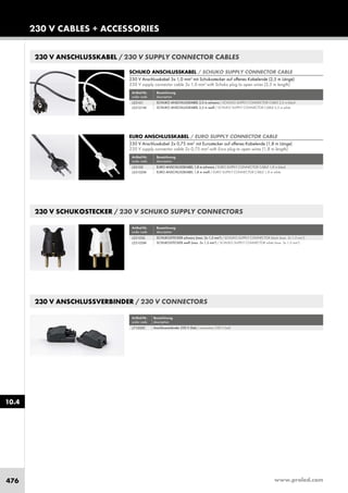 www.proled.com476
230 V CABLES + ACCESSORIES
230 V ANSCHLUSSKABEL / 230 V SUPPLY CONNECTOR CABLES
SCHUKO ANSCHLUSSKABEL / SCHUKO SUPPLY CONNECTOR CABLE
230 V Anschlusskabel 3x 1,0 mm2
mit Schukostecker auf offenes Kabelende (2,5 m Länge)
230 V supply connector cable 3x 1,0 mm2
with Schuko plug to open wires (2,5 m length)
Artikel-Nr. Bezeichnung
order code description
SCHUKO ANSCHLUSSKABEL 2,5 m schwarz / SCHUKO SUPPLY CONNECTOR CABLE 2,5 m black
SCHUKO ANSCHLUSSKABEL 2,5 m weiß / SCHUKO SUPPLY CONNECTOR CABLE 2,5 m white
EURO ANSCHLUSSKABEL / EURO SUPPLY CONNECTOR CABLE
230 V Anschlusskabel 2x 0,75 mm2
mit Eurostecker auf offenes Kabelende (1,8 m Länge)
230 V supply connector cable 2x 0,75 mm2
with Euro plug to open wires (1,8 m length)
Artikel-Nr. Bezeichnung
order code description
EURO ANSCHLUSSKABEL 1,8 m schwarz / EURO SUPPLY CONNECTOR CABLE 1,8 m black
EURO ANSCHLUSSKABEL 1,8 m weiß / EURO SUPPLY CONNECTOR CABLE 1,8 m white
230 V ANSCHLUSSVERBINDER / 230 V CONNECTORS
Artikel-Nr. Bezeichnung
order code description
Anschlussverbinder 230 V (Set) / connectors 230 V (set)
230 V SCHUKOSTECKER / 230 V SCHUKO SUPPLY CONNECTORS
Artikel-Nr. Bezeichnung
order code description
SCHUKOSTECKER schwarz (max. 3x 1,5 mm2
) / SCHUKO SUPPLY CONNECTOR black (max. 3x 1,5 mm2
)
SCHUKOSTECKER weiß (max. 3x 1,5 mm2
) / SCHUKO SUPPLY CONNECTOR white (max. 3x 1,5 mm2
)
L53101
L53101W
L53102
L53102W
L53103S
L53103W
L71030C
10.4
 