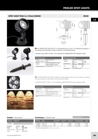 www.proled.com 49
Artikel-Nr. Bezeichnung
order code description
Erdspieß für SPOT LIGHT 5x 2 Watt / COB10
ground spike for SPOT LIGHT 5x 2 Watt / COB10
SPOT LIGHT IP65 5x 2 Watt MONO
Photometrische Daten
LED Typ: HARVATEK 2 Watt Highpower
Lichtstrom: Weiß 360 Lumen
Warm weiß 330 Lumen
Farbtemperatur: Weiß 5500–6500 K
Warm weiß 2700–3500 K
CRI: Weiß 70+
Warm weiß 70+
Abstrahlwinkel: 15° (nur weiß) und 30°
Photometric Data
LED type: HARVATEK 2 Watt high power
Luminous flux: white 360 Lumen
warm white 330 Lumen
Colour temperature: white 5500–6500 K
warm white 2700–3500 K
CRI: white 70+
warm white 70+
Beam angle: 15° (only white) and 30°
The PROLED SPOT LIGHT IP65 is suitable for emphasis lighting indoors as well as outdoors. Combined
with a ground spike it is also perfect for plant and garden lighting.
■ dimmable or DMX 512, DALI, 1-10 V controllable by MBNLED RGB MULTI power supplies/controller
Das PROLED SPOT LIGHT IP65 ist zur Akzentbeleuchtung im Innen- und Außenbereich geeignet. In
Verbindung mit dem Erdspieß auch ideal zur Pflanzen- und Gartenbeleuchtung.
■ dimmbar oder per DMX 512, DALI, 1-10 V ansteuerbar über MBNLED RGB MULTI Netzteile/Controller
Technische Daten
IP-Klasse: IP65 (für Außeneinsatz)
Spannungsversorgung: 24 VDC
Gehäuse: pulverbeschichtetes Aluminium schwarz
Anschluss: 1x Kabel 2 m H05RN-F 2x 1,0 mm²
mit 2-POL IP68 Stecker männlich
Umgebungstemperatur: -10° C bis +45° C
Technical Data
IP classification: IP65 (for outdoor use)
Power source: 24 VDC
Housing: powder coated aluminium black
Electrical connection: 1x cable 2 m H05RN-F 2x 1,0 mm²
with 2-PIN IP68 connector male
Operating temperature -10° C till +45° C
range:
Zubehör / Accessories
PROLED SPOT LIGHTS
1.2
Produkttypen / Product Type
Artikel-Nr. Farbe Abstrahlwinkel LED Anzahl LED Leistung Leistungsaufnahme* Gewicht
order code colour beam angle LED pcs LED power Power consumption* weight
weiß / white 15° 5 10 Watt 10–12 Watt 1,5 kg
weiß / white 30° 5 10 Watt 10–12 Watt 1,5 kg
warm weiß / warm white 30° 5 10 Watt 10–12 Watt 1,5 kg
*Tatsächliche Leistungsaufnahme / Actual power consumption
EULUMDAT/IES see page 10
Netzteile: ab Seite 447
Kabel: Seite 473–474
power supplies: from page 447
cables: page 473–474
L1732M L173241N
L173243N
L173263N
 
