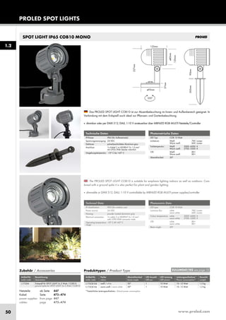 www.proled.com50
SPOT LIGHT IP65 COB10 MONO
PROLED SPOT LIGHTS
Photometrische Daten
LED Typ: COB 10 Watt
Lichtstrom: Weiß 700 Lumen
Warm weiß 600 Lumen
Farbtemperatur: Weiß 5000–6000 K
Warm weiß 2700–3500 K
CRI: Weiß 80+
Warm weiß 80+
Abstrahlwinkel: 30°
Das PROLED SPOT LIGHT COB10 ist zur Akzentbeleuchtung im Innen- und Außenbereich geeignet. In
Verbindung mit dem Erdspieß auch ideal zur Pflanzen- und Gartenbeleuchtung.
■ dimmbar oder per DMX 512, DALI, 1-10 V ansteuerbar über MBNLED RGB MULTI Netzteile/Controller
Technische Daten
IP-Klasse: IP65 (für Außeneinsatz)
Spannungsversorgung: 24 VDC
Gehäuse: pulverbeschichtetes Aluminium grau
Anschluss: 1x Kabel 2 m H05RN-F 2x 1,0 mm²
mit 2-POL IP68 Stecker männlich
Umgebungstemperatur: -10° C bis +45° C
Photometric Data
LED type: COB 10 Watt
Luminous flux: white 700 Lumen
warm white 600 Lumen
Colour temperature: white 5000–6000 K
warm white 2700–3500 K
CRI: white 80+
warm white 80+
Beam angle: 30°
The PROLED SPOT LIGHT COB10 is suitable for emphasis lighting indoors as well as outdoors. Com-
bined with a ground spike it is also perfect for plant and garden lighting.
■ dimmable or DMX 512, DALI, 1-10 V controllable by MBNLED RGB MULTI power supplies/controller
Technical Data
IP classification: IP65 (for outdoor use)
Power source: 24 VDC
Housing: powder coated aluminium grey
Electrical connection: 1x cable 2 m H05RN-F 2x 1,0 mm²
with 2-PIN IP68 connector male
Operating temperature -10° C till +45° C
range:
Produkttypen / Product Type
Artikel-Nr. Farbe Abstrahlwinkel LED Anzahl LED Leistung Leistungsaufnahme* Gewicht
order code colour beam angle LED pcs LED power Power consumption* weight
weiß / white 30° 1 10 Watt 10–12 Watt 1,5 kg
warm weiß / warm white 30° 1 10 Watt 10–12 Watt 1,5 kg
*Tatsächliche Leistungsaufnahme / Actual power consumption
1.2
EULUMDAT/IES see page 10
Netzteile: ab Seite 447
Kabel: Seite 473–474
power supplies: from page 447
cables: page 473–474
L173CB104
L173CB106
Zubehör / Accessories
Artikel-Nr. Bezeichnung
order code description
Erdspieß für SPOT LIGHT 5x 2 Watt / COB10
ground spike for SPOT LIGHT 5x 2 Watt / COB10
L1732M
 