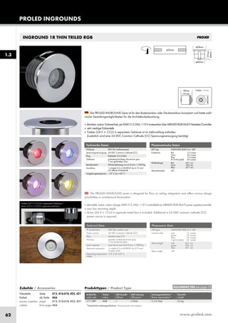 www.proled.com62
INGROUND 1R THIN TRILED RGB
PROLED INGROUNDS
Photometrische Daten
LED Typ: HARVATEK RGB 3-in-1 LED
Lichtstrom: Rot 15 Lumen
Grün 25 Lumen
Blau 10 Lumen
R+G+B (weiß) 45 Lumen
Wellenlänge: Rot 621 nm
Grün 523 nm
Blau 471 nm
Abstrahlwinkel: 30°
Photometric Data
LED type: HARVATEK RGB 3-in-1 LED
Luminous flux: red 15 Lumen
green 25 Lumen
blue 10 Lumen
r+g+b (white) 45 Lumen
Wave length: red 621 nm
green 523 nm
blue 471 nm
Beam angle: 30°
The PROLED INGROUND series is designed for floor or ceiling integration and offers various design
possibilities in architectural illumination.
■ dimmable, autom. colour change, DMX 512, DALI, 1-10 V controllable by MBNLED RGB MULTI power supplies/controller
■ very low mounting depth
■ driver (24 V ➔ CCU) in separate metal box is included. Additional a 24 VDC common cathode (CC)
power source is required.
Die PROLED INGROUND Serie ist für den Bodeneinbau oder Deckeneinbau konzipiert und bietet zahl-
reiche Gestaltungsmöglichkeiten für die Architekturbeleuchtung.
■ dimmbar,autom.Farbwechsel,perDMX512,DALI,1-10VansteuerbarüberMBNLEDRGBMULTINetzteile/Controller
■ sehr niedrige Einbautiefe
■ Treiber (24 V ➔ CCU) in separatem Gehäuse ist im Lieferumfang enthalten.
Zusätzlich wird eine 24 VDC Common Cathode (CC) Spannungsversorgung benötigt.
Technische Daten
IP-Klasse: IP67 (für Außeneinsatz)
Spannungsversorgung: 24 VDC Common Cathode (CC)
Ring: Edelstahl 316 (V4A)
Gehäuse: pulverbeschichtetes Aluminium grau
7 mm gehärtetes Glas
Belastbarkeit: Flächenbelastung von ø10 mm = 1300 kg
Anschluss: 1x Kabel 0,5 m H05RN-F 4x 0,75 mm²
auf offenes Kabelende
Umgebungstemperatur: -10° C bis +45° C
Technical Data
IP classification: IP67 (for outdoor use)
Power source: 24 VDC Common Cathode (CC)
Ring: stainless steal 316
Housing: powder coated aluminium grey
7 mm tempered glass
Load capacity: exert force area of ø10 mm = 1300 kg
Electrical connection: 1x cable 0,5 m H05RN-F 4x 0,75 mm²
to open wires
Operating temperature -10° C till +45° C
range:
Produkttypen / Product Type
Artikel-Nr. Farbe LED Anzahl LED Leistung Leistungsaufnahme* Gewicht
order code colour LED pcs LED power Power consumption* weight
RGB 1 2 Watt 3–3,5 Watt 0,3 kg
*Tatsächliche Leistungsaufnahme / Actual power consumption
1.3
Treiber (24 V ➔ CCU) in separatem Gehäuse /
driver (24 V ➔ CCU) in separate metal box
Treiber / driver
EULUMDAT/IES see page 10Zubehör / Accessories
Netzteile: Seite 413, 416-418, 425, 431
Kabel: ab Seite 466
power supplies: page 413, 416-418, 425, 431
cables: from page 466
L17118RT
 
