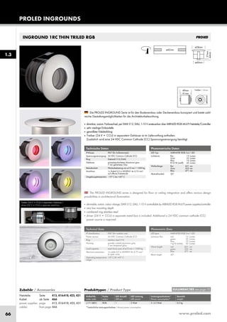 www.proled.com66
INGROUND 1RC THIN TRILED RGB
Photometrische Daten
LED Typ: HARVATEK RGB 3-in-1 LED
Lichtstrom: Rot 15 Lumen
Grün 25 Lumen
Blau 10 Lumen
R+G+B (weiß) 45 Lumen
Wellenlänge: Rot 621 nm
Grün 523 nm
Blau 471 nm
Abstrahlwinkel: 30°
Photometric Data
LED type: HARVATEK RGB 3-in-1 LED
Luminous flux: red 15 Lumen
green 25 Lumen
blue 10 Lumen
r+g+b (white) 45 Lumen
Wave length: red 621 nm
green 523 nm
blue 471 nm
Beam angle: 30°
The PROLED INGROUND series is designed for floor or ceiling integration and offers various design
possibilities in architectural illumination.
■ dimmable, autom. colour change, DMX 512, DALI, 1-10 V controllable by MBNLED RGB MULTI power supplies/controller
■ very low mounting depth
■ cambered ring stainless steel
■ driver (24 V ➔ CCU) in separate metal box is included. Additional a 24 VDC common cathode (CC)
power source is required.
Die PROLED INGROUND Serie ist für den Bodeneinbau oder Deckeneinbau konzipiert und bietet zahl-
reiche Gestaltungsmöglichkeiten für die Architekturbeleuchtung.
■ dimmbar, autom. Farbwechsel, per DMX 512, DALI, 1-10 V ansteuerbar über MBNLED RGB MULTI Netzteile/Controller
■ sehr niedrige Einbautiefe
■ gewölbter Edelstahlring
■ Treiber (24 V ➔ CCU) in separatem Gehäuse ist im Lieferumfang enthalten.
Zusätzlich wird eine 24 VDC Common Cathode (CC) Spannungsversorgung benötigt.
Technische Daten
IP-Klasse: IP67 (für Außeneinsatz)
Spannungsversorgung: 24 VDC Common Cathode (CC)
Ring: Edelstahl 316 (V4A)
Gehäuse: pulverbeschichtetes Aluminium grau
7 mm gehärtetes Glas
Belastbarkeit: Flächenbelastung von ø10 mm = 1300 kg
Anschluss: 1x Kabel 0,5 m H05RN-F 4x 0,75 mm²
auf offenes Kabelende
Umgebungstemperatur: -10° C bis +45° C
Technical Data
IP classification: IP67 (for outdoor use)
Power source: 24 VDC Common Cathode (CC)
Ring: stainless steal 316
Housing: powder coated aluminium grey
7 mm tempered glass
Load capacity: exert force area of ø10 mm = 1300 kg
Electrical connection: 1x cable 0,5 m H05RN-F 4x 0,75 mm²
to open wires
Operating temperature -10° C till +45° C
range:
Produkttypen / Product Type
Artikel-Nr. Farbe LED Anzahl LED Leistung Leistungsaufnahme* Gewicht
order code colour LED pcs LED power Power consumption* weight
RGB 1 2 Watt 3–3,5 Watt 0,3 kg
*Tatsächliche Leistungsaufnahme / Actual power consumption
PROLED INGROUNDS
Treiber (24 V ➔ CCU) in separatem Gehäuse /
driver (24 V ➔ CCU) in separate metal box
1.3
EULUMDAT/IES see page 10Zubehör / Accessories
Netzteile: Seite 413, 416-418, 425, 431
Kabel: ab Seite 466
power supplies: page 413, 416-418, 425, 431
cables: from page 466
L17118RTC
Treiber / driver
 