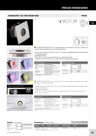 www.proled.com 67
The PROLED INGROUND series is designed for floor or ceiling integration and offers various design
possibilities in architectural illumination.
■ dimmable, autom. colour change, DMX 512, DALI, 1-10 V controllable by MBNLED RGB MULTI power supplies/controller
■ very low mounting depth
■ cambered ring stainless steel
■ driver (24 V ➔ CCU) in separate metal box is included. Additional a 24 VDC common cathode (CC)
power source is required.
Die PROLED INGROUND Serie ist für den Bodeneinbau oder Deckeneinbau konzipiert und bietet zahl-
reiche Gestaltungsmöglichkeiten für die Architekturbeleuchtung.
■ dimmbar, autom. Farbwechsel, per DMX 512, DALI, 1-10 V ansteuerbar über MBNLED RGB MULTI Netzteile/Controller
■ sehr niedrige Einbautiefe
■ gewölbter Edelstahlring
■ Treiber (24 V ➔ CCU) in separatem Gehäuse ist im Lieferumfang enthalten.
Zusätzlich wird eine 24 VDC Common Cathode (CC) Spannungsversorgung benötigt.
INGROUND 1SC THIN TRILED RGB
Photometrische Daten
LED Typ: HARVATEK RGB 3-in-1 LED
Lichtstrom: Rot 15 Lumen
Grün 25 Lumen
Blau 10 Lumen
R+G+B (weiß) 45 Lumen
Wellenlänge: Rot 621 nm
Grün 523 nm
Blau 471 nm
Abstrahlwinkel: 30°
Photometric Data
LED type: HARVATEK RGB 3-in-1 LED
Luminous flux: red 15 Lumen
green 25 Lumen
blue 10 Lumen
r+g+b (white) 45 Lumen
Wave length: red 621 nm
green 523 nm
blue 471 nm
Beam angle: 30°
Technische Daten
IP-Klasse: IP67 (für Außeneinsatz)
Spannungsversorgung: 24 VDC Common Cathode (CC)
Ring: Edelstahl 316 (V4A)
Gehäuse: pulverbeschichtetes Aluminium grau
7 mm gehärtetes Glas
Belastbarkeit: Flächenbelastung von ø10 mm = 1300 kg
Anschluss: 1x Kabel 0,5 m H05RN-F 4x 0,75 mm²
auf offenes Kabelende
Umgebungstemperatur: -10° C bis +45° C
Technical Data
IP classification: IP67 (for outdoor use)
Power source: 24 VDC Common Cathode (CC)
Ring: stainless steal 316
Housing: powder coated aluminium grey
7 mm tempered glass
Load capacity: exert force area of ø10 mm = 1300 kg
Electrical connection: 1x cable 0,5 m H05RN-F 4x 0,75 mm²
to open wires
Operating temperature -10° C till +45° C
range:
Produkttypen / Product Type
Artikel-Nr. Farbe LED Anzahl LED Leistung Leistungsaufnahme* Gewicht
order code colour LED pcs LED power Power consumption* weight
RGB 1 2 Watt 3–3,5 Watt 0,3 kg
*Tatsächliche Leistungsaufnahme / Actual power consumption
PROLED INGROUNDS
Treiber (24 V ➔ CCU) in separatem Gehäuse /
driver (24 V ➔ CCU) in separate metal box
1.3
EULUMDAT/IES see page 10Zubehör / Accessories
Netzteile: Seite 413, 416-418, 425, 431
Kabel: ab Seite 466
power supplies: page 413, 416-418, 425, 431
cables: from page 466
L17118STC
Treiber / driver
 
