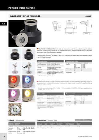 www.proled.com72
PROLED INGROUNDS
INGROUND 1R PLUS TRILED RGBINGROUND 1R PLUS TRILED RGB
Photometrische Daten
LED Typ: HARVATEK RGB 3-in-1 LED 3 Watt
Lichtstrom: Rot 15 Lumen
Grün 25 Lumen
Blau 10 Lumen
R+G+B (weiß) 45 Lumen
Wellenlänge: Rot 621 nm
Grün 523 nm
Blau 471 nm
Abstrahlwinkel: 30°
Photometric Data
LED type: HARVATEK RGB 3-in-1 LED 3 Watt
Luminous flux: red 15 Lumen
green 25 Lumen
blue 10 Lumen
r+g+b (white) 45 Lumen
Wave length: red 621 nm
green 523 nm
blue 471 nm
Beam angle: 30°
The PROLED INGROUND PLUS series is designed for floor or ceiling integration and offers various de-
sign possibilities in architectural illumination. Combined with slewing holder it is perfect for emphasis lighting
indoors as well as outdoors.
■ dimmable, autom. colour change, DMX 512, DALI, 1-10 V controllable by MBNLED RGB MULTI power supplies/controller
■ incl. PVC plastic mounting sleeve
Die PROLED INGROUND PLUS Serie ist für den Bodeneinbau oder Deckeneinbau konzipiert und bietet
zahlreiche Gestaltungsmöglichkeiten für die Architekturbeleuchtung. Mit Schwenkhalter ideal zur Akzentbe-
leuchtung im Innen- und Außenbereich geeignet.
■ dimmbar,autom.Farbwechsel,perDMX512,DALI,1-10VansteuerbarüberMBNLEDRGBMULTINetzteile/Controller
■ inkl. PVC Plastik Einbautopf
Technische Daten
IP-Klasse: IP67 (für Außeneinsatz)
Spannungsversorgung: 24 VDC Common Cathode (CC)
Ring: Edelstahl 316 (V4A)
Gehäuse: pulverbeschichtetes Aluminium grau
12 mm gehärtetes Glas
Einbautopf: PVC Plastik mit Edelstahlring
Belastbarkeit: Flächenbelastung von ø10 mm = 1300 kg
Anschluss: 1x Kabel 0,5 m H05RN-F 4x 0,75 mm²
auf offenes Kabelende
Umgebungstemperatur: -10° C bis +45° C
Technical Data
IP classification: IP67 (for outdoor use)
Power source: 24 VDC Common Cathode (CC)
Ring: stainless steal 316
Housing: powder coated aluminium grey
12 mm tempered glass
Mounting sleeve: PVC plastic with stainless steel ring
Load capacity: exert force area of ø10 mm = 1300 kg
Electrical connection: 1x cable 0,5 m H05RN-F 4x 0,75 mm²
to open wires
Operating temperature -10° C till +45° C
range:
Produkttypen / Product Type
Artikel-Nr. Farbe LED Anzahl LED Leistung Leistungsaufnahme* Gewicht
order code colour LED pcs LED power Power consumption* weight
RGB 1 3 Watt 3–4 Watt 0,4 kg
*Tatsächliche Leistungsaufnahme / Actual power consumption
Zubehör / Accessories
Artikel-Nr. Bezeichnung
order code description
Schwenkhalter Edelstahl / slewing holder stainless steel
1.3
EULUMDAT/IES see page 10
Netzteile: Seite 413, 416-418, 425, 431
Kabel: ab Seite 466
power supplies: page 413, 416-418, 425, 431
cables: from page 466
L17118RPL1361M
 