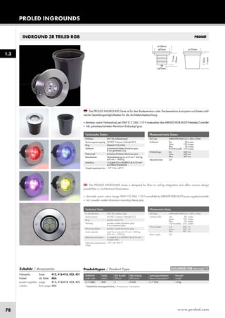 www.proled.com78
INGROUND 3R TRILED RGB
Photometrische Daten
LED Typ: HARVATEK RGB 3-in-1 LEDs 2 Watt
Lichtstrom: Rot 60 Lumen
Grün 120 Lumen
Blau 35 Lumen
R+G+B (weiß) 210 Lumen
Wellenlänge: Rot 620 nm
Grün 525 nm
Blau 467 nm
Abstrahlwinkel: 30°
Photometric Data
LED type: HARVATEK RGB 3-in-1 LEDs 2 Watt
Luminous flux: red 60 Lumen
green 120 Lumen
blue 35 Lumen
r+g+b (white) 210 Lumen
Wave length: red 620 nm
green 525 nm
blue 467 nm
Beam angle: 30°
The PROLED INGROUND series is designed for floor or ceiling integration and offers various design
possibilities in architectural illumination.
■ dimmable, autom. colour change, DMX 512, DALI, 1-10 V controllable by MBNLED RGB MULTI power supplies/controller
■ incl. powder coated aluminium mounting sleeve grey
Die PROLED INGROUND Serie ist für den Bodeneinbau oder Deckeneinbau konzipiert und bietet zahl-
reiche Gestaltungsmöglichkeiten für die Architekturbeleuchtung.
■ dimmbar,autom.Farbwechsel,perDMX512,DALI,1-10VansteuerbarüberMBNLEDRGBMULTINetzteile/Controller
■ inkl. pulverbeschichteten Aluminium Einbautopf grau
Technische Daten
IP-Klasse: IP67 (für Außeneinsatz)
Spannungsversorgung: 24 VDC Common Cathode (CC)
Ring: Edelstahl 316 (V4A)
Gehäuse: pulverbeschichtetes Aluminium grau
8 mm gehärtetes Glas
Einbautopf: pulverbeschichtetes Aluminium grau
Belastbarkeit: Flächenbelastung von ø10 mm = 600 kg,
ø30 mm = 1800 kg
Anschluss: 1x Kabel 0,5 m H05RN-F 4x 0,75 mm²
auf offenes Kabelende
Umgebungstemperatur: -10° C bis +45° C
Technical Data
IP classification: IP67 (for outdoor use)
Power source: 24 VDC Common Cathode (CC)
Ring: stainless steal 316
Housing: powder coated aluminium grey
8 mm tempered glass
Mounting sleeve: powder coated aluminium grey
Load capacity: exert force area of ø10 mm = 600 kg,
ø30 mm = 1800 kg
Electrical connection: 1x cable 0,5 m H05RN-F 4x 0,75 mm²
to open wires
Operating temperature -10° C till +45° C
range:
Produkttypen / Product Type
Artikel-Nr. Farbe LED Anzahl LED Leistung Leistungsaufnahme* Gewicht
order code colour LED pcs LED power Power consumption* weight
RGB 3 6 Watt 6–7 Watt 1,0 kg
*Tatsächliche Leistungsaufnahme / Actual power consumption
PROLED INGROUNDS
1.3
EULUMDAT/IES see page 10Zubehör / Accessories
Netzteile: Seite 413, 416-418, 425, 431
Kabel: ab Seite 466
power supplies: page 413, 416-418, 425, 431
cables: from page 466
L17138RU
 