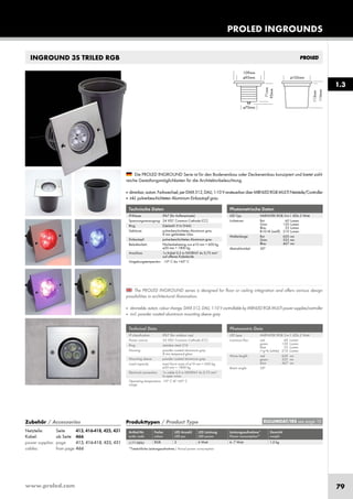 www.proled.com 79
PROLED INGROUNDS
1.3
INGROUND 3S TRILED RGB
Photometrische Daten
LED Typ: HARVATEK RGB 3-in-1 LEDs 2 Watt
Lichtstrom: Rot 60 Lumen
Grün 120 Lumen
Blau 35 Lumen
R+G+B (weiß) 210 Lumen
Wellenlänge: Rot 620 nm
Grün 525 nm
Blau 467 nm
Abstrahlwinkel: 30°
Photometric Data
LED type: HARVATEK RGB 3-in-1 LEDs 2 Watt
Luminous flux: red 60 Lumen
green 120 Lumen
blue 35 Lumen
r+g+b (white) 210 Lumen
Wave length: red 620 nm
green 525 nm
blue 467 nm
Beam angle: 30°
The PROLED INGROUND series is designed for floor or ceiling integration and offers various design
possibilities in architectural illumination.
■ dimmable, autom. colour change, DMX 512, DALI, 1-10 V controllable by MBNLED RGB MULTI power supplies/controller
■ incl. powder coated aluminium mounting sleeve grey
Die PROLED INGROUND Serie ist für den Bodeneinbau oder Deckeneinbau konzipiert und bietet zahl-
reiche Gestaltungsmöglichkeiten für die Architekturbeleuchtung.
■ dimmbar,autom.Farbwechsel,perDMX512,DALI,1-10VansteuerbarüberMBNLEDRGBMULTINetzteile/Controller
■ inkl. pulverbeschichteten Aluminium Einbautopf grau
Technische Daten
IP-Klasse: IP67 (für Außeneinsatz)
Spannungsversorgung: 24 VDC Common Cathode (CC)
Ring: Edelstahl 316 (V4A)
Gehäuse: pulverbeschichtetes Aluminium grau
8 mm gehärtetes Glas
Einbautopf: pulverbeschichtetes Aluminium grau
Belastbarkeit: Flächenbelastung von ø10 mm = 600 kg,
ø30 mm = 1800 kg
Anschluss: 1x Kabel 0,5 m H05RN-F 4x 0,75 mm²
auf offenes Kabelende
Umgebungstemperatur: -10° C bis +45° C
Technical Data
IP classification: IP67 (for outdoor use)
Power source: 24 VDC Common Cathode (CC)
Ring: stainless steal 316
Housing: powder coated aluminium grey
8 mm tempered glass
Mounting sleeve: powder coated aluminium grey
Load capacity: exert force area of ø10 mm = 600 kg,
ø30 mm = 1800 kg
Electrical connection: 1x cable 0,5 m H05RN-F 4x 0,75 mm²
to open wires
Operating temperature -10° C till +45° C
range:
Produkttypen / Product Type
Artikel-Nr. Farbe LED Anzahl LED Leistung Leistungsaufnahme* Gewicht
order code colour LED pcs LED power Power consumption* weight
RGB 3 6 Watt 6–7 Watt 1,0 kg
*Tatsächliche Leistungsaufnahme / Actual power consumption
EULUMDAT/IES see page 10Zubehör / Accessories
Netzteile: Seite 413, 416-418, 425, 431
Kabel: ab Seite 466
power supplies: page 413, 416-418, 425, 431
cables: from page 466
L17138SU
 