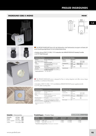 www.proled.com 95
PROLED INGROUNDS
INGROUND COB5 S MONO
Photometrische Daten
LED Typ: BRIDGELUX
Lichtstrom: Weiß 310 Lumen
Warm weiß 250 Lumen
Farbtemperatur: Weiß 5000–6000 K
Warm weiß 2700–3500 K
CRI: Weiß 80+
Warm weiß 80+
Abstrahlwinkel: 30°
Photometric Data
LED type: BRIDGELUX
Luminous flux: white 310 Lumen
warm white 250 Lumen
Colour temperature: white 5000–6000 K
warm white 2700–3500 K
CRI: white 80+
warm white 80+
Beam angle: 30°
The PROLED INGROUND series is designed for floor or ceiling integration and offers various design
possibilities in architectural illumination.
■ dimmable or DMX 512, DALI, 1-10 V controllable by MBNLED RGB MULTI power supplies/controller
■ incl. PVC plastic mounting sleeve
Die PROLED INGROUND Serie ist für den Bodeneinbau oder Deckeneinbau konzipiert und bietet zahl-
reiche Gestaltungsmöglichkeiten für die Architekturbeleuchtung.
■ dimmbar oder per DMX 512, DALI, 1-10 V ansteuerbar über MBNLED RGB MULTI Netzteile/Controller
■ inkl. PVC Plastik Einbautopf
Technische Daten
IP-Klasse: IP67 (für Außeneinsatz)
Spannungsversorgung: 24 VDC
Ring: Edelstahl 316 (V4A)
Gehäuse: pulverbeschichtetes Aluminium grau
7 mm gehärtetes Glas
Einbautopf: PVC Plastik
Belastbarkeit: Flächenbelastung von ø10 mm = 600 kg
Anschluss: 1x Kabel 0,5 m H05RN-F 2x 1,0 mm²
auf offenes Kabelende
Umgebungstemperatur: -10° C bis +45° C
Technical Data
IP classification: IP67 (for outdoor use)
Power source: 24 VDC
Ring: stainless steal 316
Housing: powder coated aluminium grey
7 mm tempered glass
Mounting sleeve: PVC plastic
Load capacity: exert force area of ø10 mm = 600 kg
Electrical connection: 1x cable 0,5 m H05RN-F 2x 1,0 mm²
to open wires
Operating temperature -10° C till +45° C
range:
Produkttypen / Product Type
Artikel-Nr. Farbe LED Anzahl LED Leistung Leistungsaufnahme* Gewicht
order code colour LED pcs LED power Power consumption* weight
weiß / white 1 5 Watt 5–6 Watt 0,5 kg
warm weiß / warm white 1 5 Watt 5–6 Watt 0,5 kg
*Tatsächliche Leistungsaufnahme / Actual power consumption
1.3
EULUMDAT/IES see page 10Zubehör / Accessories
Netzteile: ab Seite 447
Kabel: ab Seite 466
power supplies: from page 447
cables: from page 466
L171CB54S
L171CB56S
 