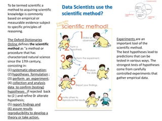 To be termed scientific a
method to acquiring scientific
knowledge is commonly
based on empirical or
measurable evidence subject
to specific principles of
reasoning.
The Oxford Dictionaries
Online defines the scientific
method as "a method or
procedure that has
characterized natural science
since the 17th century,
consisting in:
(1) systematic observation;
(2) hypotheses formulation ;
(3) perform an experiment;
(4) collection and analysis
data to confirm (testing)
hypotheses . If rejected back
to (2 ) and refine 0r alterate
hypothesis;
(5) report findings and
(6) assure results
reproducibility to develop a
theory or take action.
Experiments are an
important tool of the
scientific method.
The best hypotheses lead to
predictions that can be
tested in various ways. The
strongest tests of hypotheses
come from carefully
controlled experiments that
gather empirical data.
Data Scientists use the
scientific method?
 