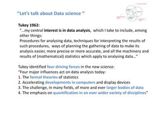 Tukey 1962:
“…my central interest is in data analysis, which I take to include, among
other things:
Procedures for analysing data, techniques for interpreting the results of
such procedures, ways of planning the gathering of data to make its
analysis easier, more precise or more accurate, and all the machinery and
results of (mathematical) statistics which apply to analysing data…”
Tukey identified four driving forces in the new science:
“Four major influences act on data analysis today:
1. The formal theories of statistics
2. Accelerating developments in computers and display devices
3. The challenge, in many fields, of more and ever larger bodies of data
4. The emphasis on quantification in an ever wider variety of disciplines”
‘’Let’s talk about Data science ‘’
 