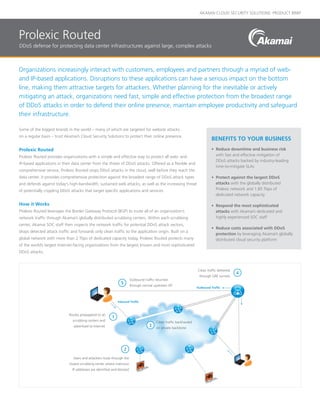 AKAMAI CLOUD SECURITY SOLUTIONS: PRODUCT BRIEF
Organizations increasingly interact with customers, employees and partners through a myriad of web-
and IP-based applications. Disruptions to these applications can have a serious impact on the bottom
line, making them attractive targets for attackers. Whether planning for the inevitable or actively
mitigating an attack, organizations need fast, simple and effective protection from the broadest range
of DDoS attacks in order to defend their online presence, maintain employee productivity and safeguard
their infrastructure.
Some of the biggest brands in the world – many of which are targeted for website attacks
on a regular basis – trust Akamai’s Cloud Security Solutions to protect their online presence.
Prolexic Routed
Prolexic Routed provides organizations with a simple and effective way to protect all web- and
IP-based applications in their data center from the threat of DDoS attacks. Offered as a flexible and
comprehensive service, Prolexic Routed stops DDoS attacks in the cloud, well before they reach the
data center. It provides comprehensive protection against the broadest range of DDoS attack types
and defends against today’s high-bandwidth, sustained web attacks, as well as the increasing threat
of potentially crippling DDoS attacks that target specific applications and services.
How it Works
Prolexic Routed leverages the Border Gateway Protocol (BGP) to route all of an organization’s
network traffic through Akamai’s globally distributed scrubbing centers. Within each scrubbing
center, Akamai SOC staff then inspects the network traffic for potential DDoS attack vectors,
drops detected attack traffic and forwards only clean traffic to the application origin. Built on a
global network with more than 2 Tbps of dedicated capacity today, Prolexic Routed protects many
of the world’s largest Internet-facing organizations from the largest known and most sophisticated
DDoS attacks.
BENEFITS TO YOUR BUSINESS
•	 Reduce downtime and business risk
with fast and effective mitigation of
DDoS attacks backed by industry-leading
time-to-mitigate SLAs
•	 Protect against the largest DDoS
attacks with the globally distributed
Prolexic network and 1.85 Tbps of
dedicated network capacity
•	 Respond the most sophisticated
attacks with Akamai’s dedicated and
highly experienced SOC staff
•	 Reduce costs associated with DDoS
protection by leveraging Akamai’s globally
distributed cloud security platform
Prolexic Routed
DDoS defense for protecting data center infrastructures against large, complex attacks
Outbound traffic returned
through normal upstream ISP
Clean traffic delivered
through GRE tunnels
Clean traffic backhauled
on private backbone
Routes propagated to all
scrubbing centers and
advertised to Internet
Users and attackers route through the
closest scrubbing center where malicious
IP addresses are identified and blocked
1
2
3
5
4
Inbound Traffic
Outbound Traffic
 