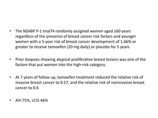 • The NSABP P-1 trial74 randomly assigned women aged ≥60 years
regardless of the presence of breast cancer risk factors and younger
women with a 5-year risk of breast cancer development of 1.66% or
greater to receive tamoxifen (20 mg daily) or placebo for 5 years
• Prior biopsies showing atypical proliferative breast lesions was one of the
factors that put women into the high-risk category.
• At 7 years of follow up, tamoxifen treatment reduced the relative risk of
invasive breast cancer to 0.57, and the relative risk of noninvasive breast
cancer to 0.6
• AH-75%, LCIS-46%
 