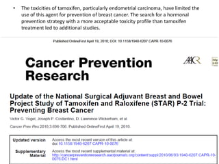 • The toxicities of tamoxifen, particularly endometrial carcinoma, have limited the
use of this agent for prevention of breast cancer. The search for a hormonal
prevention strategy with a more acceptable toxicity profile than tamoxifen
treatment led to additional studies.
 