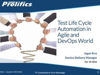 CONNECT WITH US:
IT: Customized to Your Advantage
Test Life Cycle
Automation in
Agile and
DevOps World
Jagan Erra
Service Delivery Manager
Oct 05 2016
Public | Copyright © 2014 Prolifics 1
 