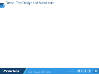 CONNECT WITH US:
Demo- Test Design and Auto Learn
12Public | Copyright © 2014 Prolifics
 