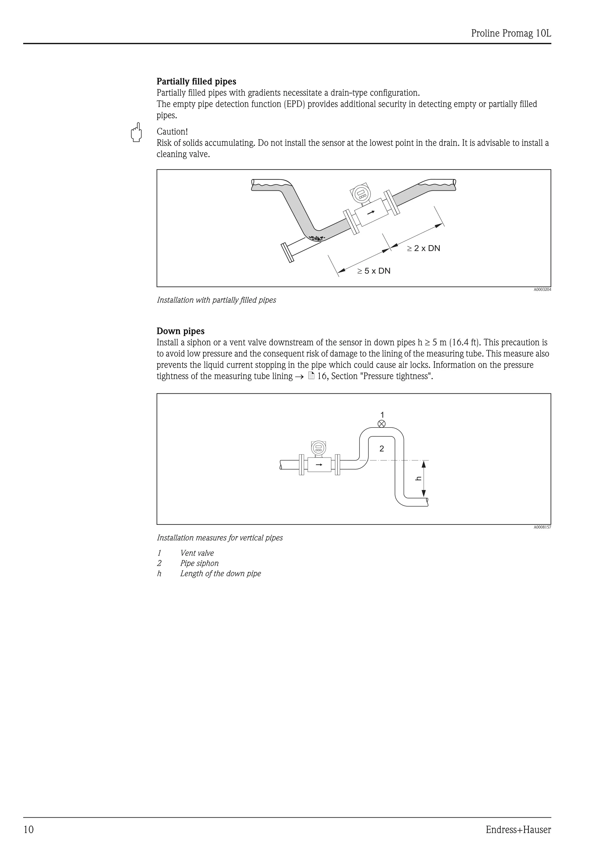 
Proline Promag 10L
10 Endress+Hauser
Partially filled pipes
Partially filled pipes with gradients necessitate a drain-type configuration.
The empty pipe detection function (EPD) provides additional security in detecting empty or partially filled
pipes.
" Caution!
Risk of solids accumulating. Do not install the sensor at the lowest point in the drain. It is advisable to install a
cleaning valve.
A0003204
Installation with partially filled pipes
Down pipes
Install a siphon or a vent valve downstream of the sensor in down pipes h  5 m (16.4 ft). This precaution is
to avoid low pressure and the consequent risk of damage to the lining of the measuring tube. This measure also
prevents the liquid current stopping in the pipe which could cause air locks. Information on the pressure
tightness of the measuring tube lining ä 16, Section "Pressure tightness".
A0008157
Installation measures for vertical pipes
1 Vent valve
2 Pipe siphon
h Length of the down pipe
³ 5 x DN
³ 2 x DN
h
2
1
 