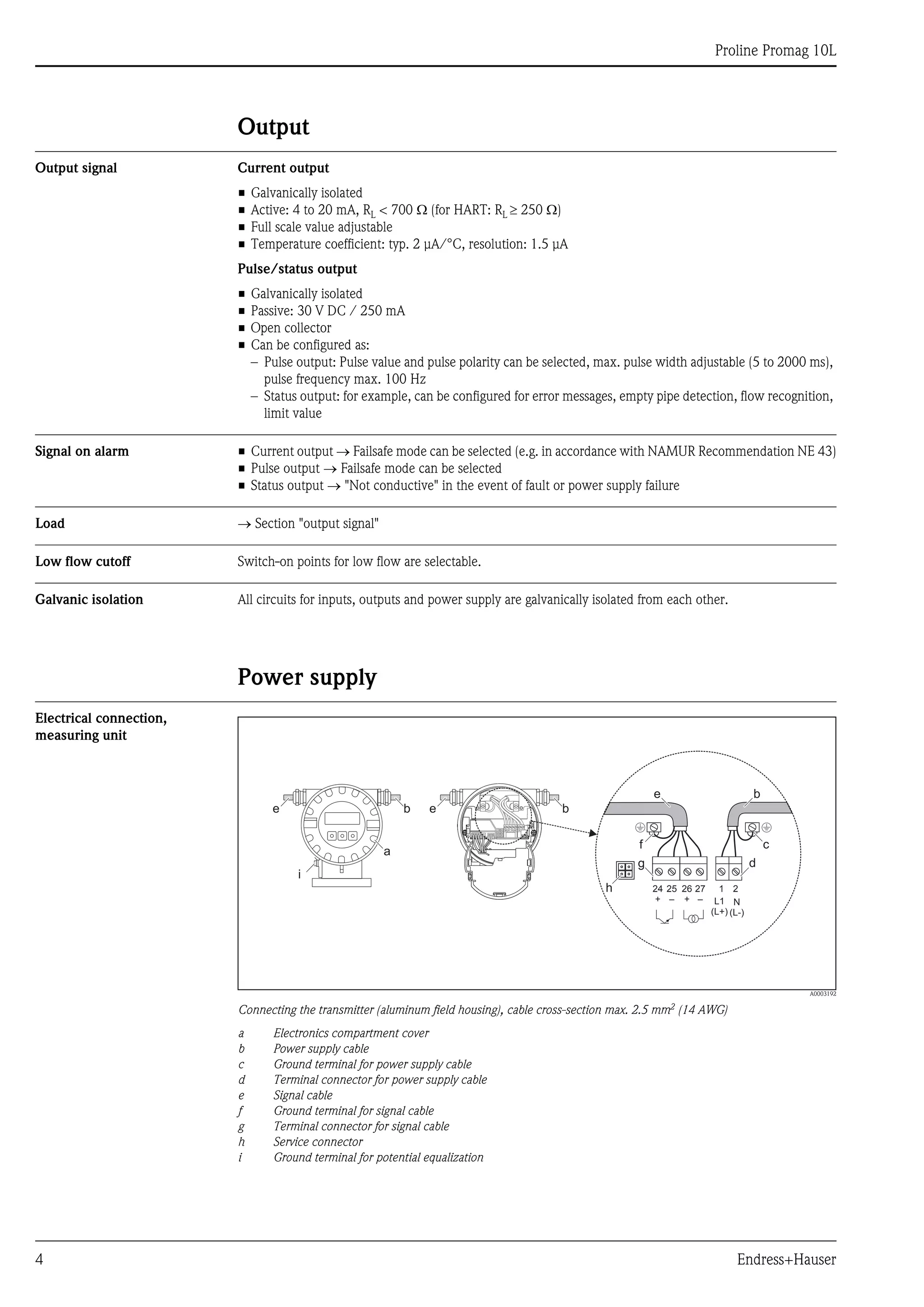 
Proline Promag 10L
4 Endress+Hauser
Output
Output signal Current output
• Galvanically isolated
• Active: 4 to 20 mA, RL < 700  (for HART: RL  250 )
• Full scale value adjustable
• Temperature coefficient: typ. 2 μA/°C, resolution: 1.5 μA
Pulse/status output
• Galvanically isolated
• Passive: 30 V DC / 250 mA
• Open collector
• Can be configured as:
– Pulse output: Pulse value and pulse polarity can be selected, max. pulse width adjustable (5 to 2000 ms),
pulse frequency max. 100 Hz
– Status output: for example, can be configured for error messages, empty pipe detection, flow recognition,
limit value
Signal on alarm • Current output  Failsafe mode can be selected (e.g. in accordance with NAMUR Recommendation NE 43)
• Pulse output  Failsafe mode can be selected
• Status output  "Not conductive" in the event of fault or power supply failure
Load  Section "output signal"
Low flow cutoff Switch-on points for low flow are selectable.
Galvanic isolation All circuits for inputs, outputs and power supply are galvanically isolated from each other.
Power supply
Electrical connection,
measuring unit
A0003192
Connecting the transmitter (aluminum field housing), cable cross-section max. 2.5 mm2 (14 AWG)
a Electronics compartment cover
b Power supply cable
c Ground terminal for power supply cable
d Terminal connector for power supply cable
e Signal cable
f Ground terminal for signal cable
g Terminal connector for signal cable
h Service connector
i Ground terminal for potential equalization
b
a
e e b
2127
–
25
–
26
+
24
+ L1
(L+)
N
(L-)
e
g
b
d
h
i
cf
 
