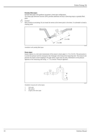 
Proline Promag 10L
10 Endress+Hauser
Partially filled pipes
Partially filled pipes with gradients necessitate a drain-type configuration.
The empty pipe detection function (EPD) provides additional security in detecting empty or partially filled
pipes.
" Caution!
Risk of solids accumulating. Do not install the sensor at the lowest point in the drain. It is advisable to install a
cleaning valve.
A0003204
Installation with partially filled pipes
Down pipes
Install a siphon or a vent valve downstream of the sensor in down pipes h  5 m (16.4 ft). This precaution is
to avoid low pressure and the consequent risk of damage to the lining of the measuring tube. This measure also
prevents the liquid current stopping in the pipe which could cause air locks. Information on the pressure
tightness of the measuring tube lining ä 16, Section "Pressure tightness".
A0008157
Installation measures for vertical pipes
1 Vent valve
2 Pipe siphon
h Length of the down pipe
³ 5 x DN
³ 2 x DN
h
2
1
 