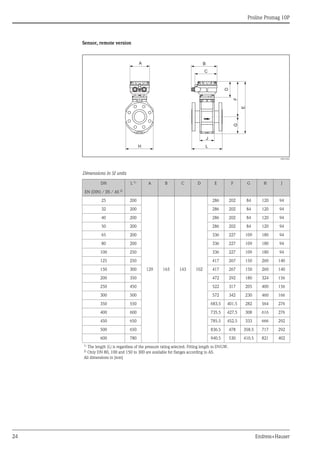 Proline Promag 10P
24 Endress+Hauser
Sensor, remote version
A0012462
Dimensions in SI units
DN L 1)
A B C D E F G H J
EN (DIN) / JIS / AS 2)
25 200
129 163 143 102
286 202 84 120 94
32 200 286 202 84 120 94
40 200 286 202 84 120 94
50 200 286 202 84 120 94
65 200 336 227 109 180 94
80 200 336 227 109 180 94
100 250 336 227 109 180 94
125 250 417 267 150 260 140
150 300 417 267 150 260 140
200 350 472 292 180 324 156
250 450 522 317 205 400 156
300 500 572 342 230 460 166
350 550 683.5 401.5 282 564 276
400 600 735.5 427.5 308 616 276
450 650 785.5 452.5 333 666 292
500 650 836.5 478 358.5 717 292
600 780 940.5 530 410.5 821 402
1)
The length (L) is regardless of the pressure rating selected. Fitting length to DVGW.
2)
Only DN 80, 100 and 150 to 300 are available for flanges according to AS.
All dimensions in [mm]
J
L
E
GF
H
B
C
A
D
 