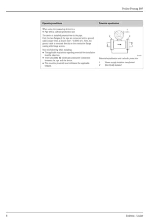 Proline Promag 10P
8 Endress+Hauser
When using the measuring device in a:
• Pipe with a cathodic protection unit
The device is installed potential-free in the pipe.
Only the two flanges of the pipe are connected with a ground
cable (copper wire, at least 6 mm² / 0.0093 in²). Here, the
ground cable is mounted directly on the conductive flange
coating with flange screws.
Note the following when installing:
• The applicable regulations regarding potential-free installation
must be observed.
• There should be no electrically conductive connection
between the pipe and the device.
• The mounting material must withstand the applicable
torques.
A0010834
Potential equalization and cathodic protection
1 Power supply isolation transformer
2 Electrically isolated
Operating conditions Potential equalization
1
2 2
 