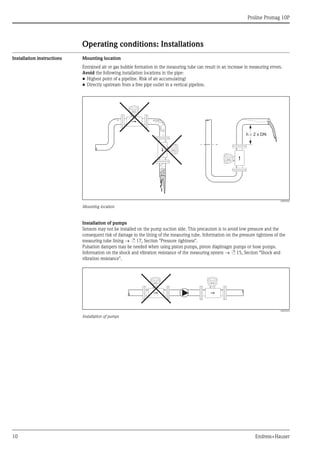 Proline Promag 10P
10 Endress+Hauser
Operating conditions: Installations
Installation instructions Mounting location
Entrained air or gas bubble formation in the measuring tube can result in an increase in measuring errors.
Avoid the following installation locations in the pipe:
• Highest point of a pipeline. Risk of air accumulating!
• Directly upstream from a free pipe outlet in a vertical pipeline.
A0003202
Mounting location
Installation of pumps
Sensors may not be installed on the pump suction side. This precaution is to avoid low pressure and the
consequent risk of damage to the lining of the measuring tube. Information on the pressure tightness of the
measuring tube lining → ä 17, Section "Pressure tightness".
Pulsation dampers may be needed when using piston pumps, piston diaphragm pumps or hose pumps.
Information on the shock and vibration resistance of the measuring system → ä 15, Section "Shock and
vibration resistance".
A0003203
Installation of pumps
h 2 x DN
³
 