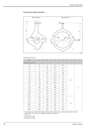 Proline Promag 10W
30 Endress+Hauser
Ground disk for flange connections
A0003221
Dimensions (SI units)
DN 1)
A B C D E t
EN (DIN) / JIS / AS 2)
25 26 62 77.5 87.5
6.5
2
32 35 80 87.5 94.5
40 41 82 101 103
50 52 101 115.5 108
65 68 121 131.5 118
80 80 131 154.5 135
100 104 156 186.5 153
125 130 187 206.5 160
150 158 217 256 184
200 206 267 288 205
250 260 328 359 240
300 3)
312 375 413 273
300 4)
310 375 404 268
350 3) 343 433 479 365
9.0
375 3)
393 480 542 395
400 3)
393 480 542 395
450 3) 439 538 583 417
500 3)
493 592 650 460
600 3)
593 693 766 522
1) Ground disks can be used for all flange standards/pressure ratings that can be delivered, except for DN ≥ 300.
2)
Only DN 32, 40, 65 and 125 are available for flanges according to AS.
3)
PN 10/16
4) PN 25, JIS 10K/20K
All dimensions in [mm]
D
D
Ø B
Ø B
Ø
A
Ø C Ø C
Ø
A
DN 300 (12")
≤ DN 350 (14")
≥
Ø E Ø E
t t
 