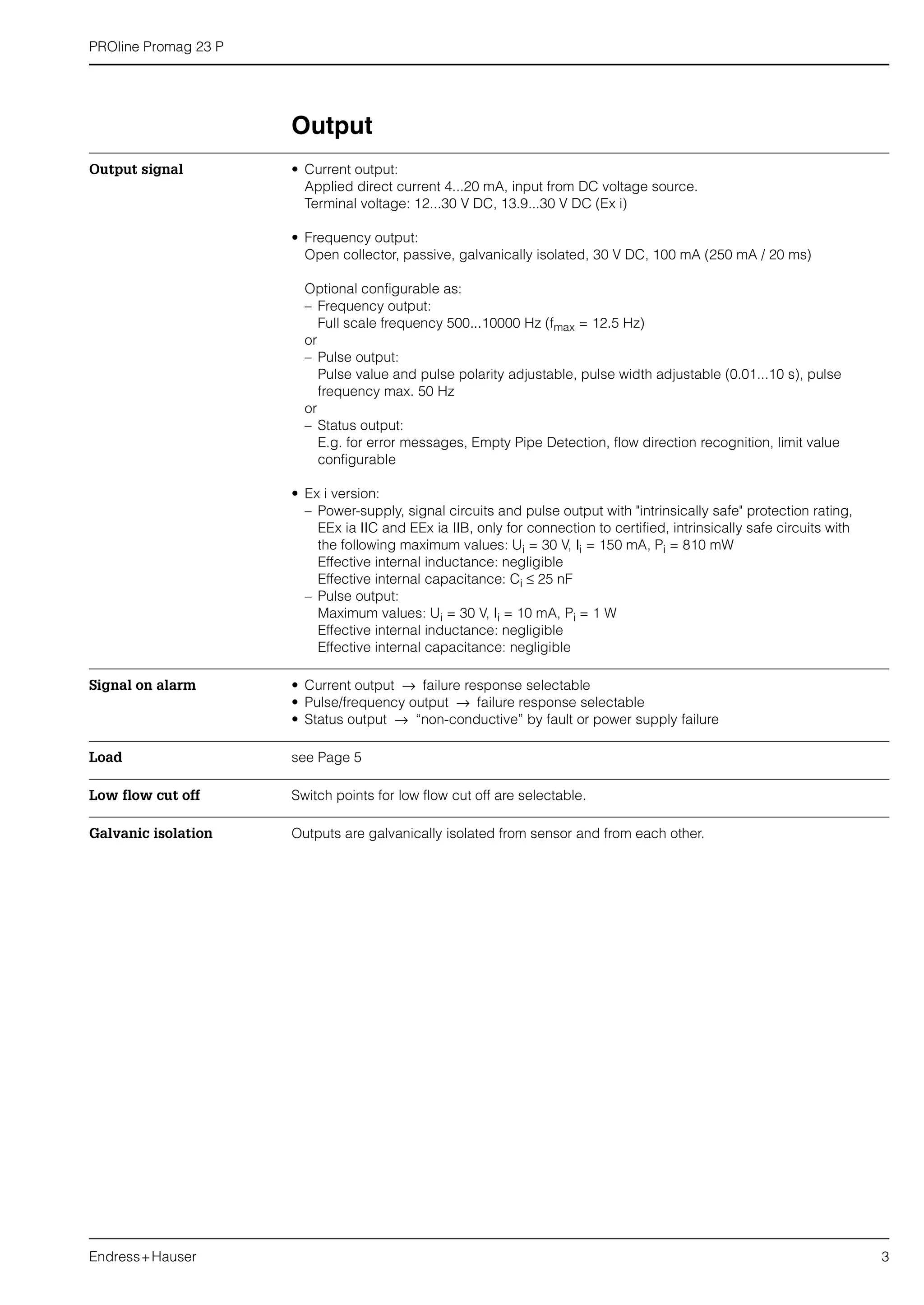 PROline Promag 23 P
Endress+Hauser 3
Output
Output signal • Current output:
Applied direct current 4...20 mA, input from DC voltage source.
Terminal voltage: 12...30 V DC, 13.9...30 V DC (Ex i)
• Frequency output:
Open collector, passive, galvanically isolated, 30 V DC, 100 mA (250 mA / 20 ms)
Optional configurable as:
– Frequency output:
Full scale frequency 500...10000 Hz (fmax = 12.5 Hz)
or
– Pulse output:
Pulse value and pulse polarity adjustable, pulse width adjustable (0.01...10 s), pulse
frequency max. 50 Hz
or
– Status output:
E.g. for error messages, Empty Pipe Detection, flow direction recognition, limit value
configurable
• Ex i version:
– Power-supply, signal circuits and pulse output with "intrinsically safe" protection rating,
EEx ia IIC and EEx ia IIB, only for connection to certified, intrinsically safe circuits with
the following maximum values: Ui = 30 V, Ii = 150 mA, Pi = 810 mW
Effective internal inductance: negligible
Effective internal capacitance: Ci ≤ 25 nF
– Pulse output:
Maximum values: Ui = 30 V, Ii = 10 mA, Pi = 1 W
Effective internal inductance: negligible
Effective internal capacitance: negligible
Signal on alarm • Current output → failure response selectable
• Pulse/frequency output → failure response selectable
• Status output → “non-conductive” by fault or power supply failure
Load see Page 5
Low flow cut off Switch points for low flow cut off are selectable.
Galvanic isolation Outputs are galvanically isolated from sensor and from each other.
 