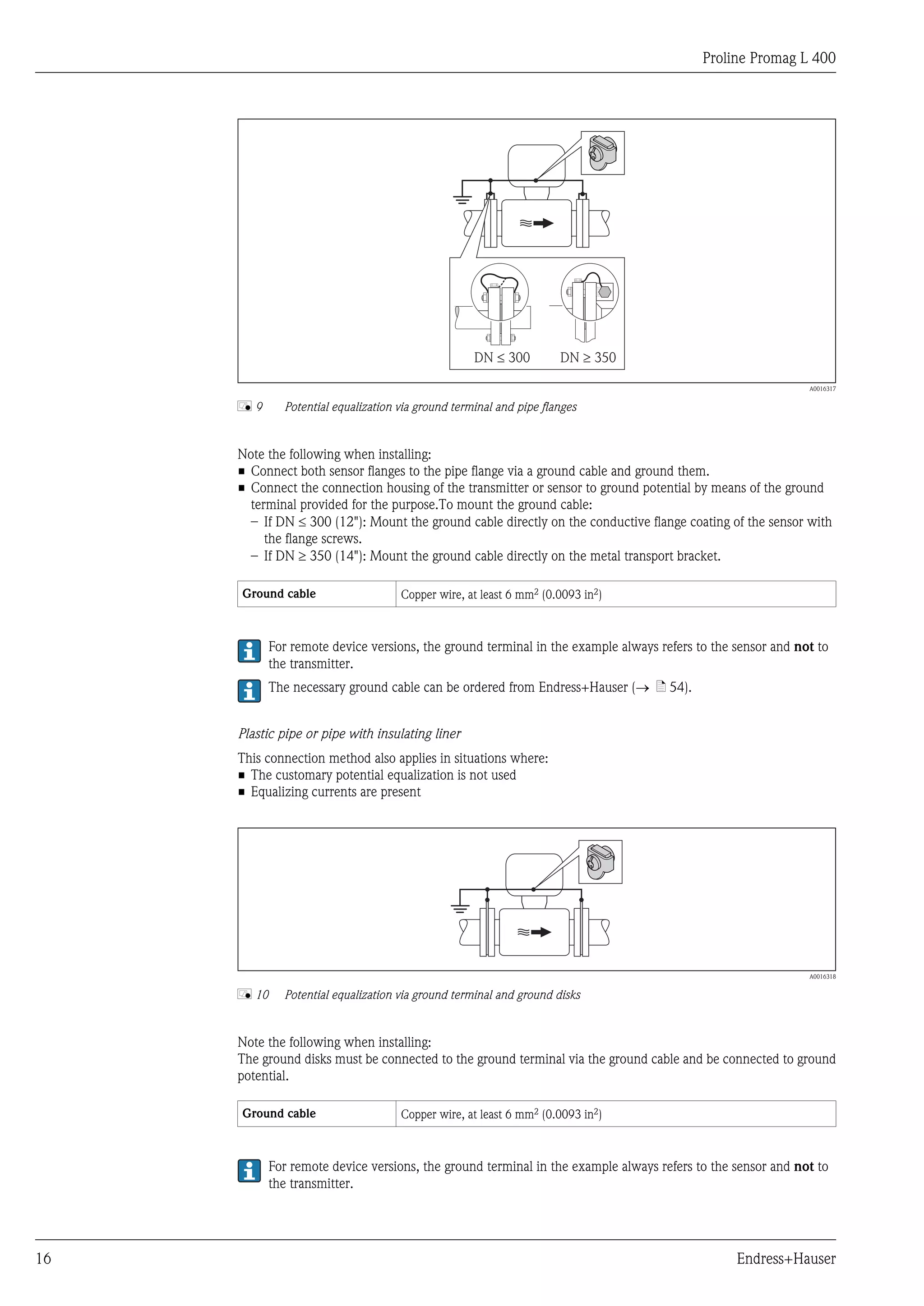 Proline Promag L 400
16 Endress+Hauser
DN 300£ DN 350³
A0016317
å 9 Potential equalization via ground terminal and pipe flanges
Note the following when installing:
• Connect both sensor flanges to the pipe flange via a ground cable and ground them.
• Connect the connection housing of the transmitter or sensor to ground potential by means of the ground
terminal provided for the purpose.To mount the ground cable:
– If DN £ 300 (12"): Mount the ground cable directly on the conductive flange coating of the sensor with
the flange screws.
– If DN ³ 350 (14"): Mount the ground cable directly on the metal transport bracket.
Ground cable Copper wire, at least 6 mm2 (0.0093 in2)
For remote device versions, the ground terminal in the example always refers to the sensor and not to
the transmitter.
The necessary ground cable can be ordered from Endress+Hauser (® ä 54).
Plastic pipe or pipe with insulating liner
This connection method also applies in situations where:
• The customary potential equalization is not used
• Equalizing currents are present
A0016318
å 10 Potential equalization via ground terminal and ground disks
Note the following when installing:
The ground disks must be connected to the ground terminal via the ground cable and be connected to ground
potential.
Ground cable Copper wire, at least 6 mm2 (0.0093 in2)
For remote device versions, the ground terminal in the example always refers to the sensor and not to
the transmitter.
 