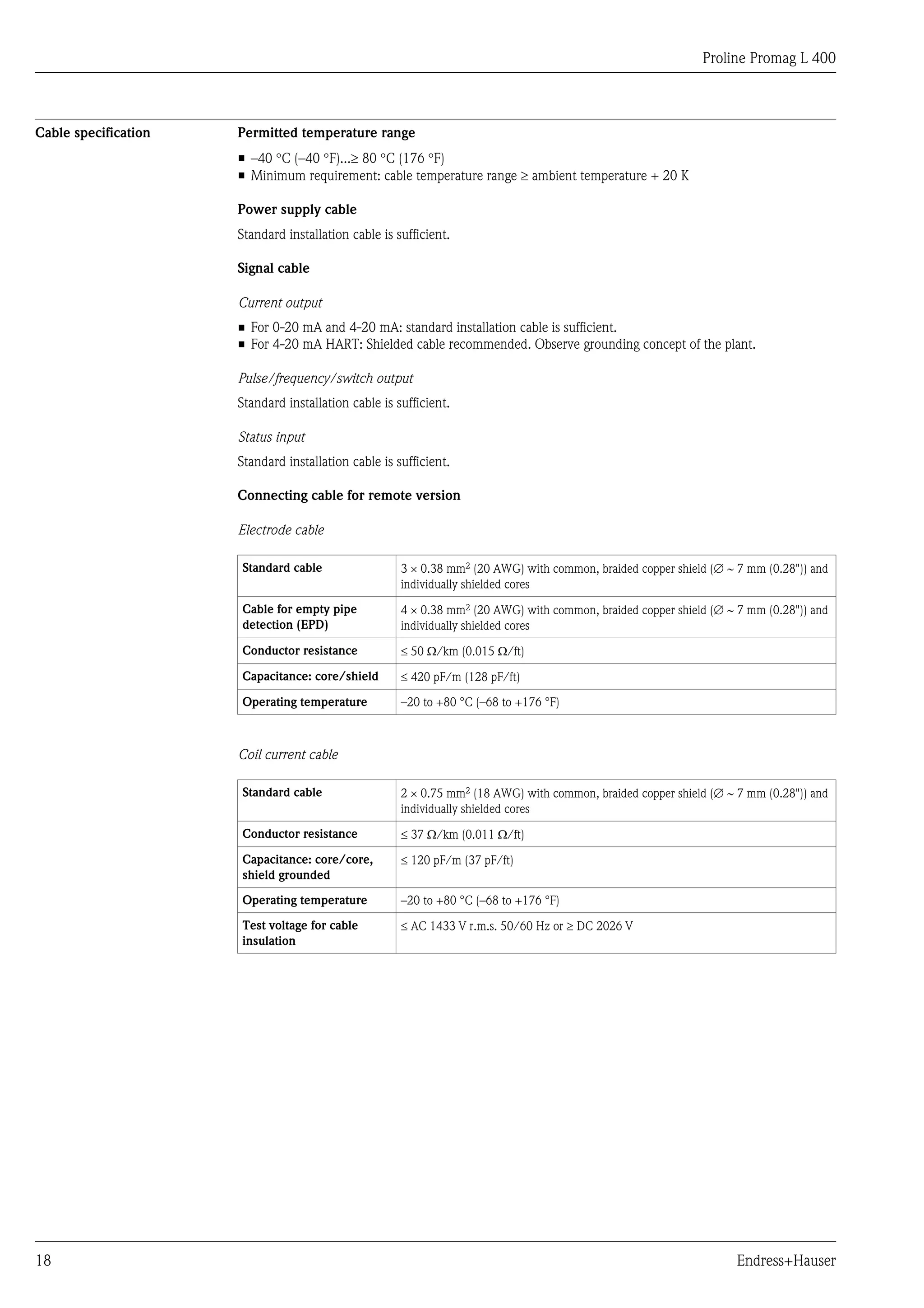 Proline Promag L 400
18 Endress+Hauser
Cable specification Permitted temperature range
• –40 °C (–40 °F)...³ 80 °C (176 °F)
• Minimum requirement: cable temperature range ³ ambient temperature + 20 K
Power supply cable
Standard installation cable is sufficient.
Signal cable
Current output
• For 0-20 mA and 4-20 mA: standard installation cable is sufficient.
• For 4-20 mA HART: Shielded cable recommended. Observe grounding concept of the plant.
Pulse/frequency/switch output
Standard installation cable is sufficient.
Status input
Standard installation cable is sufficient.
Connecting cable for remote version
Electrode cable
Standard cable 3 ´ 0.38 mm2 (20 AWG) with common, braided copper shield (Æ ~ 7 mm (0.28")) and
individually shielded cores
Cable for empty pipe
detection (EPD)
4 ´ 0.38 mm2 (20 AWG) with common, braided copper shield (Æ ~ 7 mm (0.28")) and
individually shielded cores
Conductor resistance £ 50 W/km (0.015 W/ft)
Capacitance: core/shield £ 420 pF/m (128 pF/ft)
Operating temperature –20 to +80 °C (–68 to +176 °F)
Coil current cable
Standard cable 2 ´ 0.75 mm2 (18 AWG) with common, braided copper shield (Æ ~ 7 mm (0.28")) and
individually shielded cores
Conductor resistance £ 37 W/km (0.011 W/ft)
Capacitance: core/core,
shield grounded
£ 120 pF/m (37 pF/ft)
Operating temperature –20 to +80 °C (–68 to +176 °F)
Test voltage for cable
insulation
£ AC 1433 V r.m.s. 50/60 Hz or ³ DC 2026 V
 