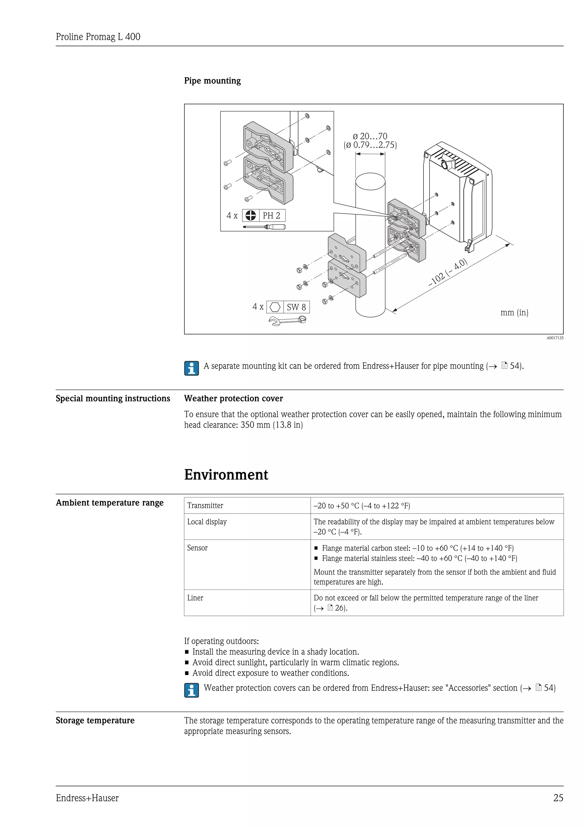 Proline Promag L 400
Endress+Hauser 25
Pipe mounting
ø 20…70
( 0.79…2.75)ø
~
~ 4.0)
102 (
mm (in)
4 x
4 x SW 8
PH 2
A0017135
A separate mounting kit can be ordered from Endress+Hauser for pipe mounting (® ä 54).
Special mounting instructions Weather protection cover
To ensure that the optional weather protection cover can be easily opened, maintain the following minimum
head clearance: 350 mm (13.8 in)
Environment
Ambient temperature range Transmitter –20 to +50 °C (–4 to +122 °F)
Local display The readability of the display may be impaired at ambient temperatures below
–20 °C (–4 °F).
Sensor • Flange material carbon steel: –10 to +60 °C (+14 to +140 °F)
• Flange material stainless steel: –40 to +60 °C (–40 to +140 °F)
Mount the transmitter separately from the sensor if both the ambient and fluid
temperatures are high.
Liner Do not exceed or fall below the permitted temperature range of the liner
(® ä 26).
If operating outdoors:
• Install the measuring device in a shady location.
• Avoid direct sunlight, particularly in warm climatic regions.
• Avoid direct exposure to weather conditions.
Weather protection covers can be ordered from Endress+Hauser: see "Accessories" section (® ä 54)
Storage temperature The storage temperature corresponds to the operating temperature range of the measuring transmitter and the
appropriate measuring sensors.
 