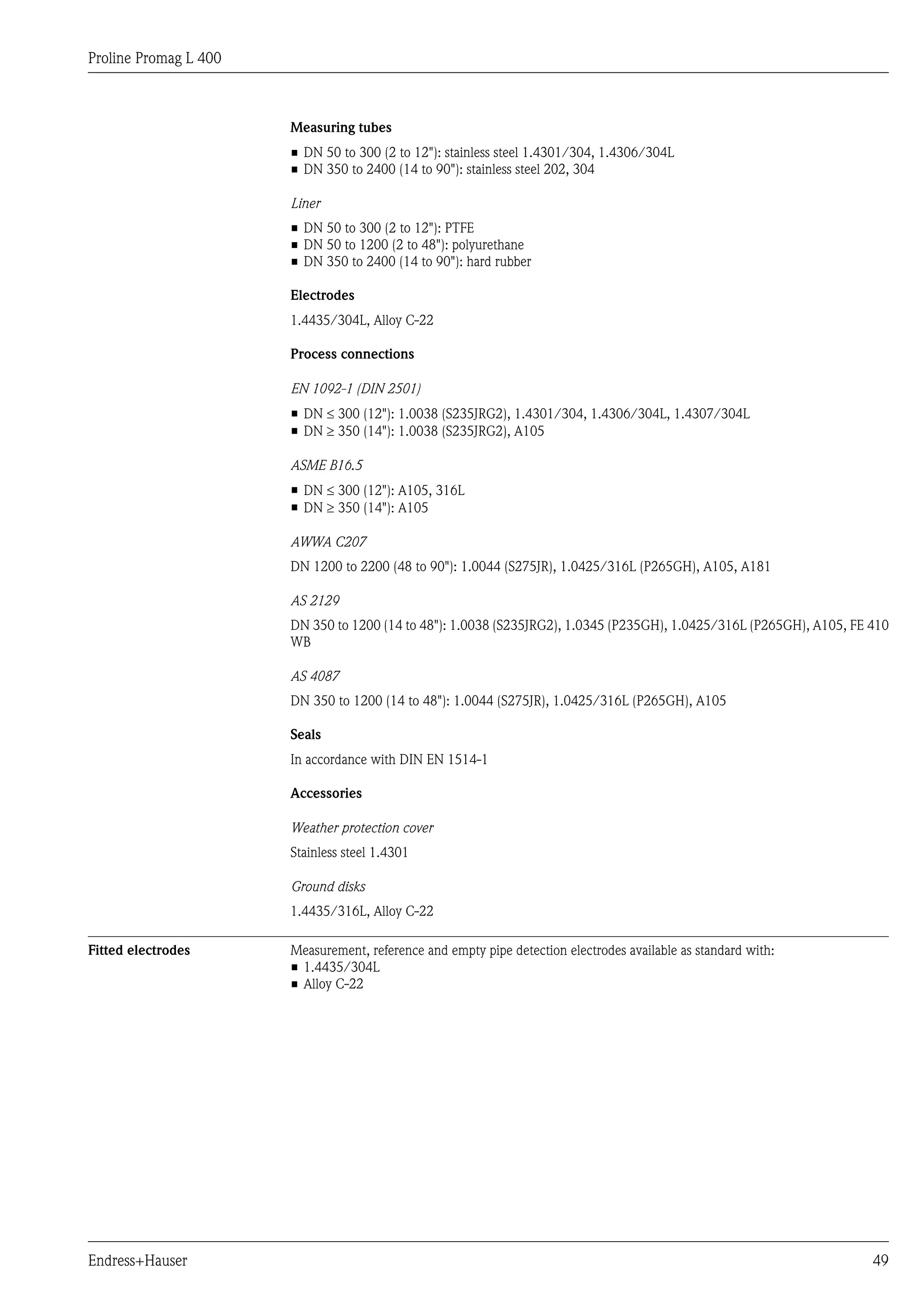Proline Promag L 400
Endress+Hauser 49
Measuring tubes
• DN 50 to 300 (2 to 12"): stainless steel 1.4301/304, 1.4306/304L
• DN 350 to 2400 (14 to 90"): stainless steel 202, 304
Liner
• DN 50 to 300 (2 to 12"): PTFE
• DN 50 to 1200 (2 to 48"): polyurethane
• DN 350 to 2400 (14 to 90"): hard rubber
Electrodes
1.4435/304L, Alloy C-22
Process connections
EN 1092-1 (DIN 2501)
• DN £ 300 (12"): 1.0038 (S235JRG2), 1.4301/304, 1.4306/304L, 1.4307/304L
• DN ³ 350 (14"): 1.0038 (S235JRG2), A105
ASME B16.5
• DN £ 300 (12"): A105, 316L
• DN ³ 350 (14"): A105
AWWA C207
DN 1200 to 2200 (48 to 90"): 1.0044 (S275JR), 1.0425/316L (P265GH), A105, A181
AS 2129
DN 350 to 1200 (14 to 48"): 1.0038 (S235JRG2), 1.0345 (P235GH), 1.0425/316L (P265GH), A105, FE 410
WB
AS 4087
DN 350 to 1200 (14 to 48"): 1.0044 (S275JR), 1.0425/316L (P265GH), A105
Seals
In accordance with DIN EN 1514-1
Accessories
Weather protection cover
Stainless steel 1.4301
Ground disks
1.4435/316L, Alloy C-22
Fitted electrodes Measurement, reference and empty pipe detection electrodes available as standard with:
• 1.4435/304L
• Alloy C-22
 