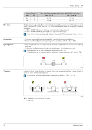 Proline Promag L 400
30 Endress+Hauser
Nominal diameter Limit values for absolute pressure in [mbar] ([psi]) for fluid temperatures:
[mm] [in] +25 °C (+77 °F) +90 °C (+194 °F)
250 10 330 (4.8) 400 (5.8)
300 12 400 (5.8) 500 (7.3)
Flow limit The diameter of the pipe and the flow rate determine the nominal diameter of the sensor. The optimum velocity
of flow is between 2 to 3 m/s (6.56 to 9.84 ft/s). Also match the velocity of flow (v) to the physical properties
of the fluid:
• v < 2 m/s (6.56 ft/s): for abrasive fluids (e.g. potter's clay, lime milk, ore slurry)
• v > 2 m/s (6.56 ft/s): for fluids producing buildup (e.g. wastewater sludges)
For an overview of the measuring range full scale values, see the "Measuring range" section (® ä 6)
Pressure loss • No pressure loss occurs if the sensor is installed in a pipe with the same nominal diameter.
• Pressure losses for configurations incorporating adapters according to DIN EN 545 (® ä 23)
System pressure • Never install the sensor on the pump suction side in order to avoid the risk of low pressure, and thus damage
to the liner.
• Furthermore, install pulse dampers if reciprocating, diaphragm or peristaltic pumps are used.
• For information on the liner's resistance to partial vacuum (® ä 29)
• For information on the measuring system's resistance to vibration and shock (® ä 26), (® ä 26)
A0015594
Vibrations In the event of very strong vibrations, the pipe and sensor must be supported and fixed. It is also advisable to
mount the sensor and transmitter separately.
For information on the permitted resistance to vibration and shock (® ä 26), (® ä 26)
L
A0016266
å 25 Measures to prevent vibration of the device
L > 10 m (33 ft)
 