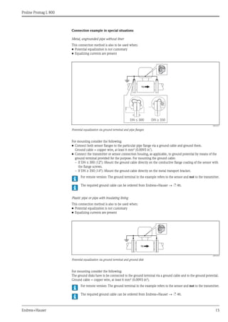 Proline Promag L 800
Endress+Hauser 15
Connection example in special situations
Metal, ungrounded pipe without liner
This connection method is also to be used when:
• Potential equalization is not customary
• Equalizing currents are present
A0016317
Potential equalization via ground terminal and pipe flanges
For mounting consider the following:
• Connect both sensor flanges to the particular pipe flange via a ground cable and ground them.
Ground cable = copper wire, at least 6 mm² (0.0093 in²).
• Connect the transmitter or sensor connection housing, as applicable, to ground potential by means of the
ground terminal provided for the purpose. For mounting the ground cable:
– If DN ≤ 300 (12"): Mount the ground cable directly on the conductive flange coating of the sensor with
the flange screws.
– If DN ≥ 350 (14"): Mount the ground cable directly on the metal transport bracket.
For remote version: The ground terminal in the example refers to the sensor and not to the transmitter.
The required ground cable can be ordered from Endress+Hauser → ä 46.
Plastic pipe or pipe with insulating lining
This connection method is also to be used when:
• Potential equalization is not customary
• Equalizing currents are present
A0016318
Potential equalization via ground terminal and ground disk
For mounting consider the following:
The ground disks have to be connected to the ground terminal via a ground cable and to the ground potential.
Ground cable = copper wire, at least 6 mm² (0.0093 in²).
For remote version: The ground terminal in the example refers to the sensor and not to the transmitter.
The required ground cable can be ordered from Endress+Hauser → ä 46.
DN 300£ DN 350³
 
